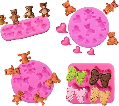 Juego de 4 moldes de silicona para oso y lazo para fondant, chocolate, manualidades de dulces, galletas de bricolaje, decoración de postres,
