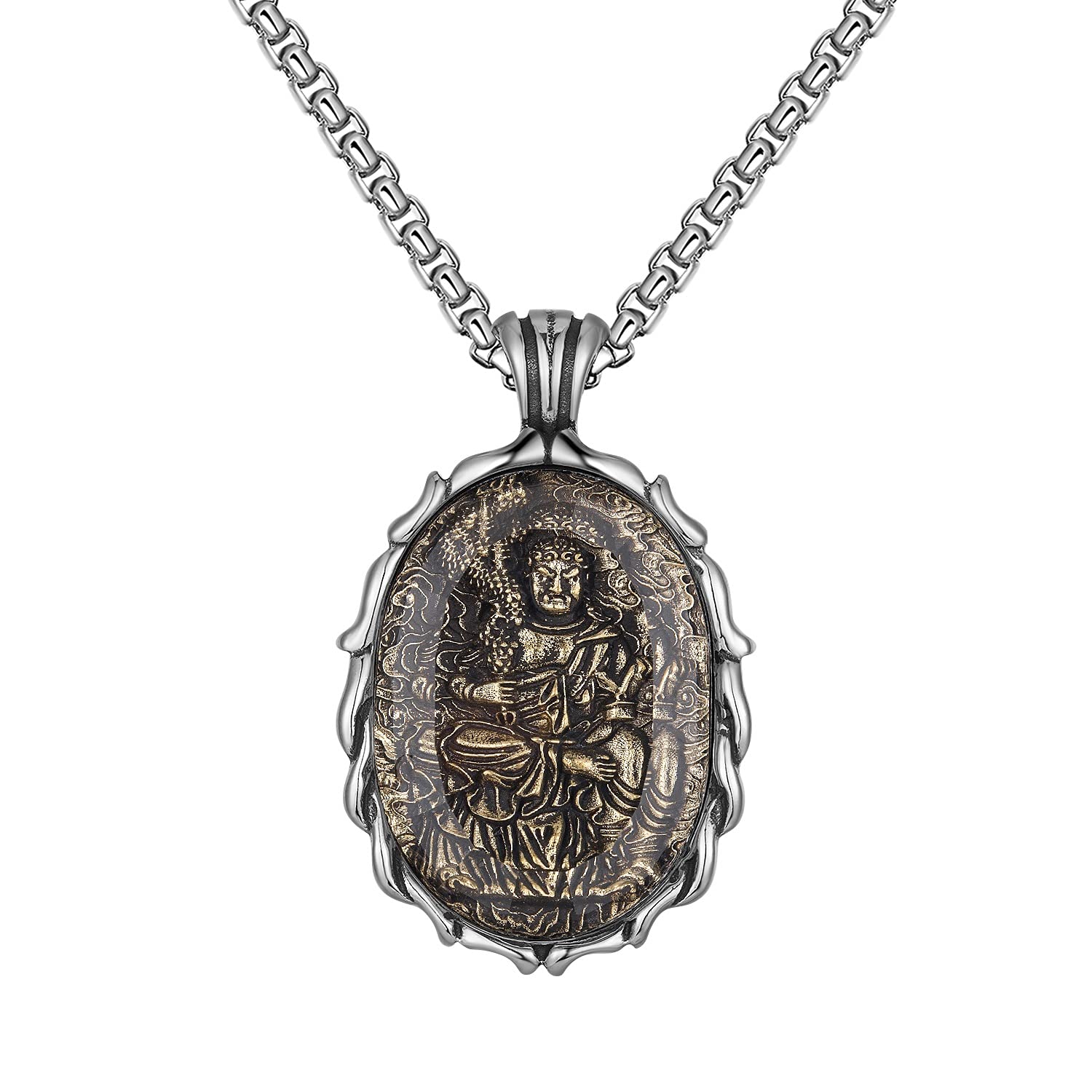 FAZOVINBuddha Necklace for Men Stainless Steel Pendant Necklace Avalokitesvara Buddha Bodhisattva Amulet Patron Saint