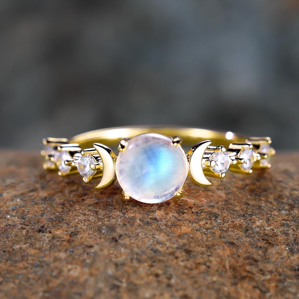 Natural Moonstone Ring for Women, 925 Sterling Silver Triple Moon Goddess Engagement Promise Ring Anniversary, Birthday, Christmas, Valentine's Day Gift for Her (Natural Moonstone-Gold, 6) - Image 2