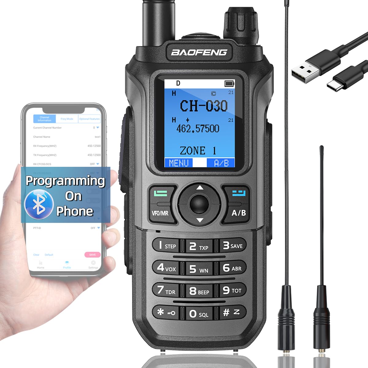 BAOFENG Radio GMRS Radio Ham Radio GMRS Handheld Radio Long Range Walkie Talkies FM Radio APP Programming for GM-15 PRO Two Way Radio NOAA Weather Radio,999 Channels,Copy Frequency USB-C Charger