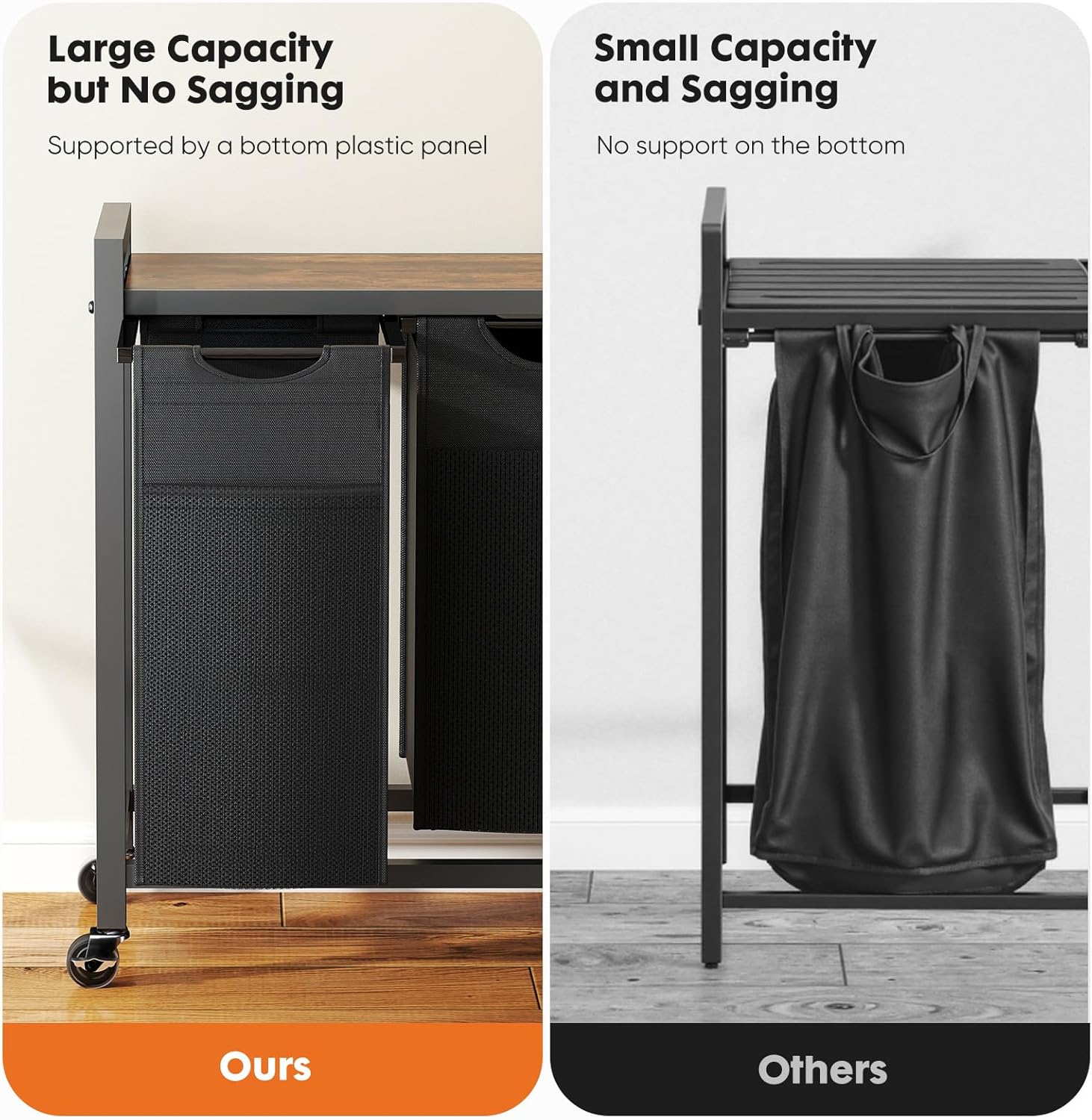 NEWBULIG Rolling Laundry Hamper with Removable Pull-Out Bag, Freestanding Clothes Basket Organizer with Wheels for Bathroom & Bedroom, 2 × 12.2 Gal (92L) - Rustic Brown & Black