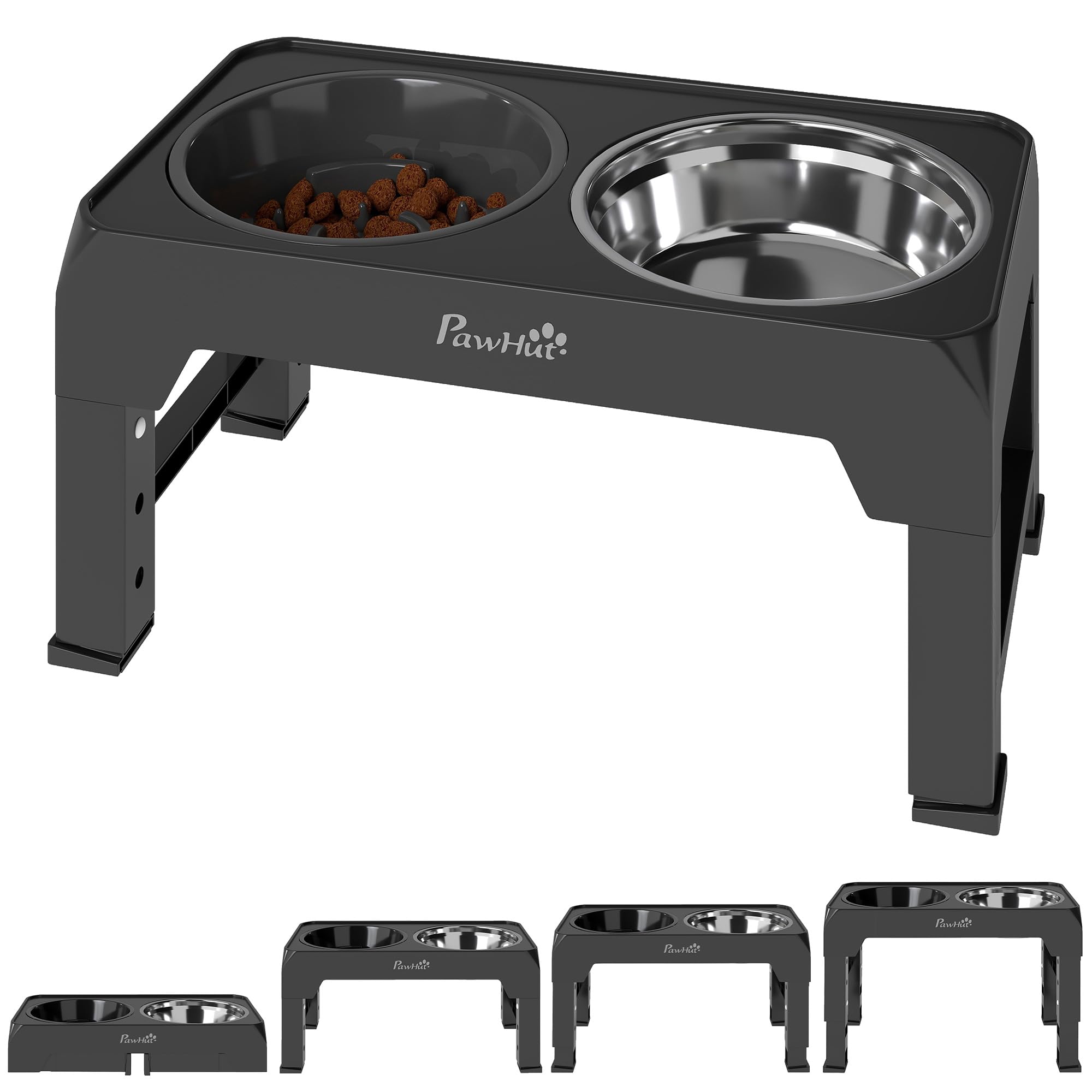 PawHut Gamelle surélevée pliable pour gros chiens Noir | Distributeur en acier inoxydable, 4 hauteurs réglables, station d'alimentation pour animaux, gamelles surélevées pour chien