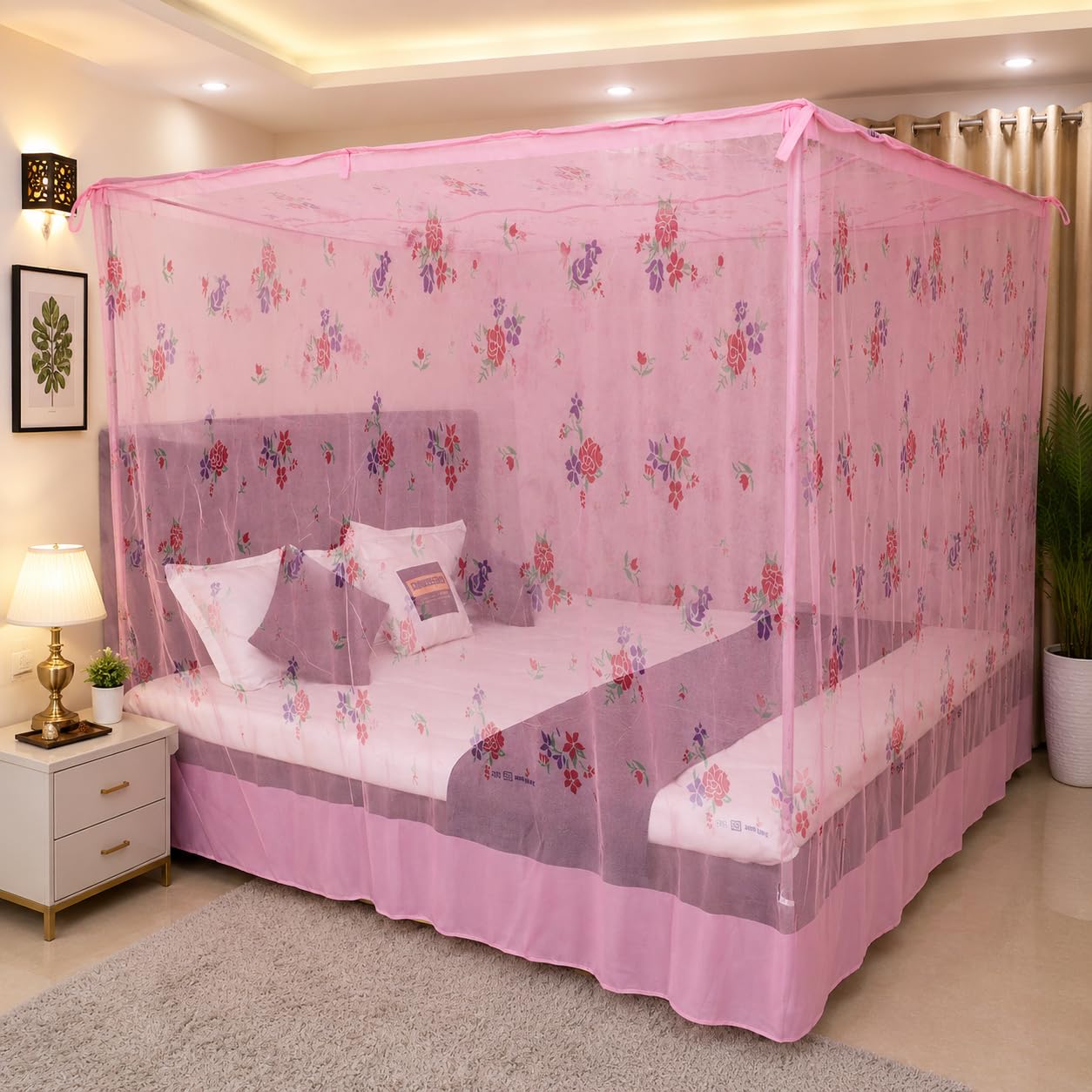 Printed Mosquito Net for King Size Bed - High-Density Floral Mesh Canopy with Cross-Frame Support, 360° Insect Protection, Lightweight & Breathable, Blue Floral Design (Pink, 6x7)-picture-31