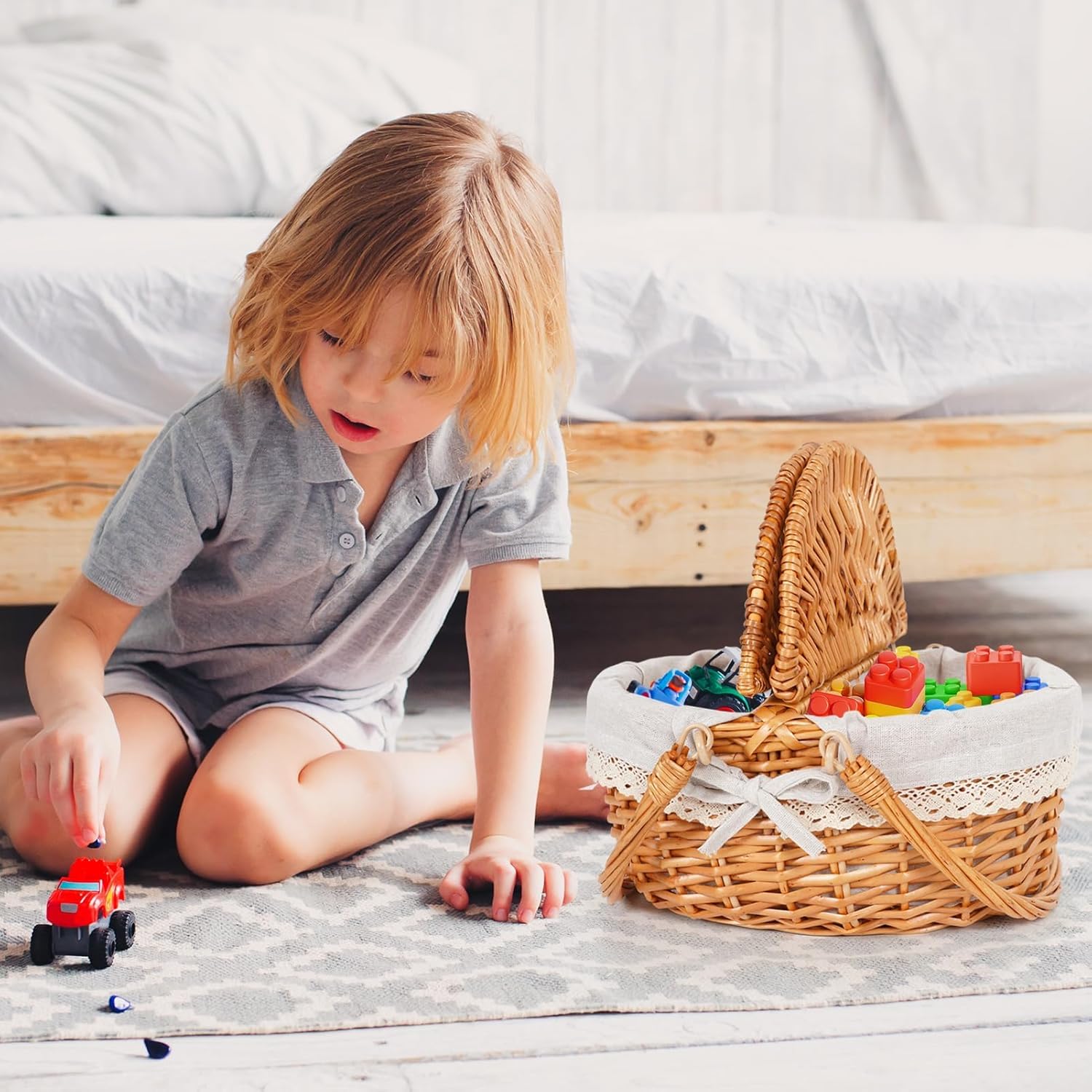 Happypicnic 12" Picnic Basket - Small Wicker Basket with Foldable Handle Lid & Removable Liner | Cute Picnic Basket Toy Empty for Kids, Gift, Halloween, Christmas, Valentines, Easter, Birthday, Solid - Image 8