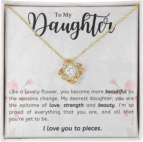 Regalo para hija, collar con colgante de nudo de amor con caja de regalo y tarjeta de mensaje de calentamiento de corazón, fabricado en los Estados