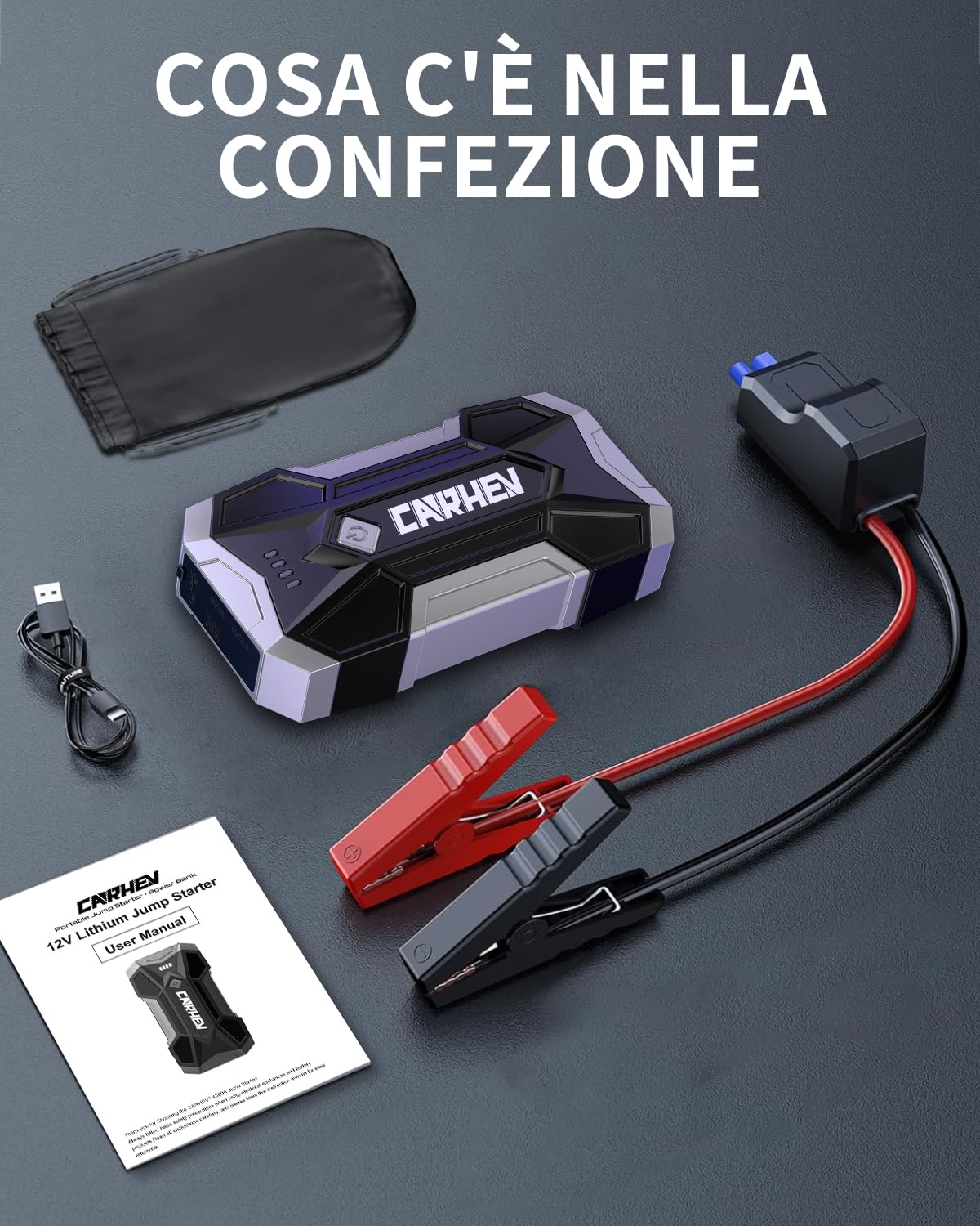 CARHEV Avviatore Batteria Auto 4500A, 12V Avviatore Emergenza per Auto (fino a 8.0L Benzina o 8.0L Diesel), Booster Avviamento Autos con Torcia a LED, Starter Batteria con USB Quick Charge 3.0