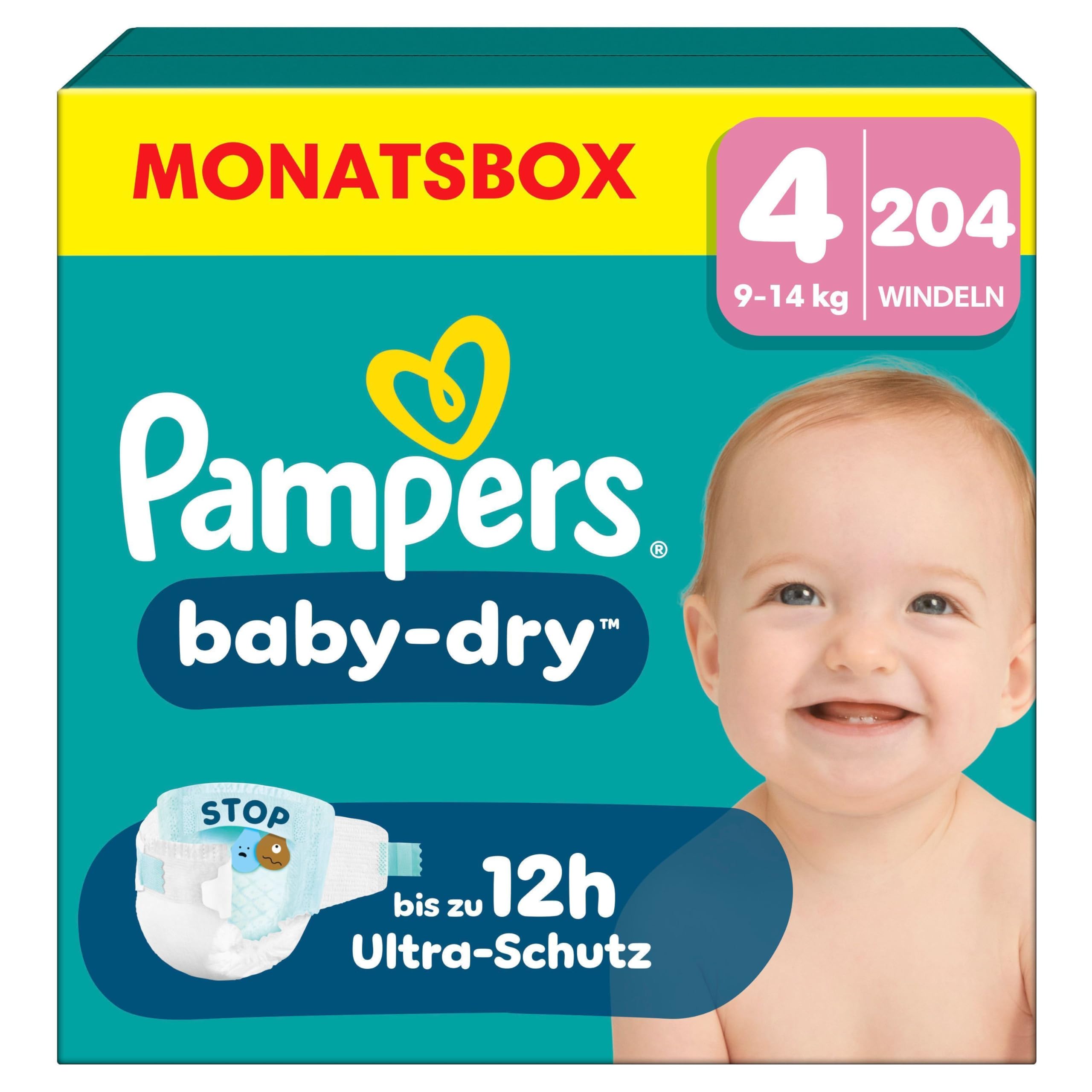 Pampers Baby-Dry Windeln Größe 4 (204 Stück) – geeignet für 9–14 kg