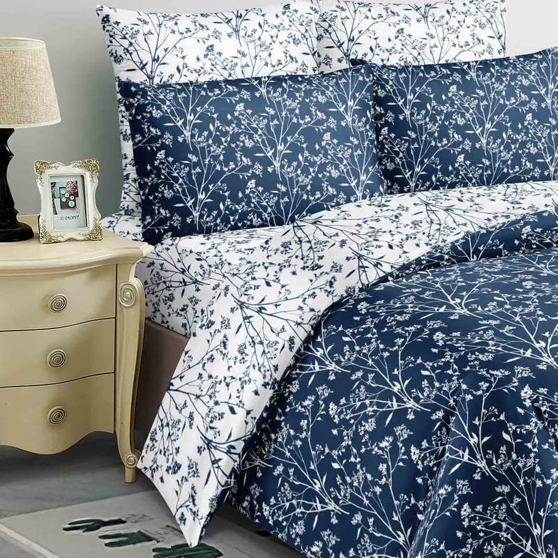 AUDANNE Floral Comforter Set King Size - Dark Blue Flower Botanical Printed Microfiber Soft Bedding - Filling Quilted Duvet Sets in a Bag for All Season - 3PC 104 x 90 Vintage Farmhouse Style, Navy