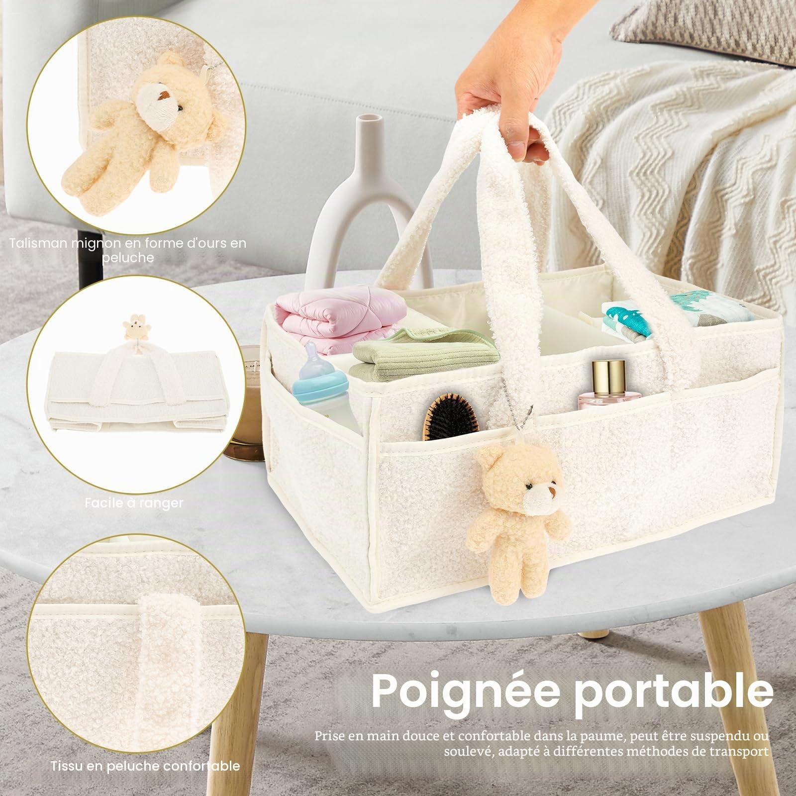 Organiseur de couches pour bébé avec séparateurs amovibles - Panier de rangement portable en feutre pour chambre d'enfant - Sac à lingettes pour tout-petits - Cadeaux essentiels pour