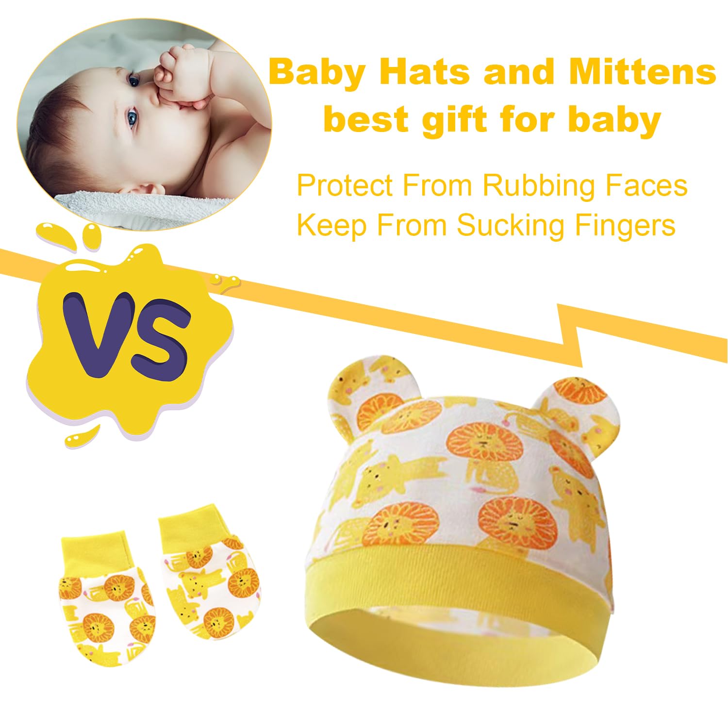 Baby Hats and Mittens Infant Cotton Beanie Gloves No Scratch Set Newborn Hospital Hat for Boys Girls