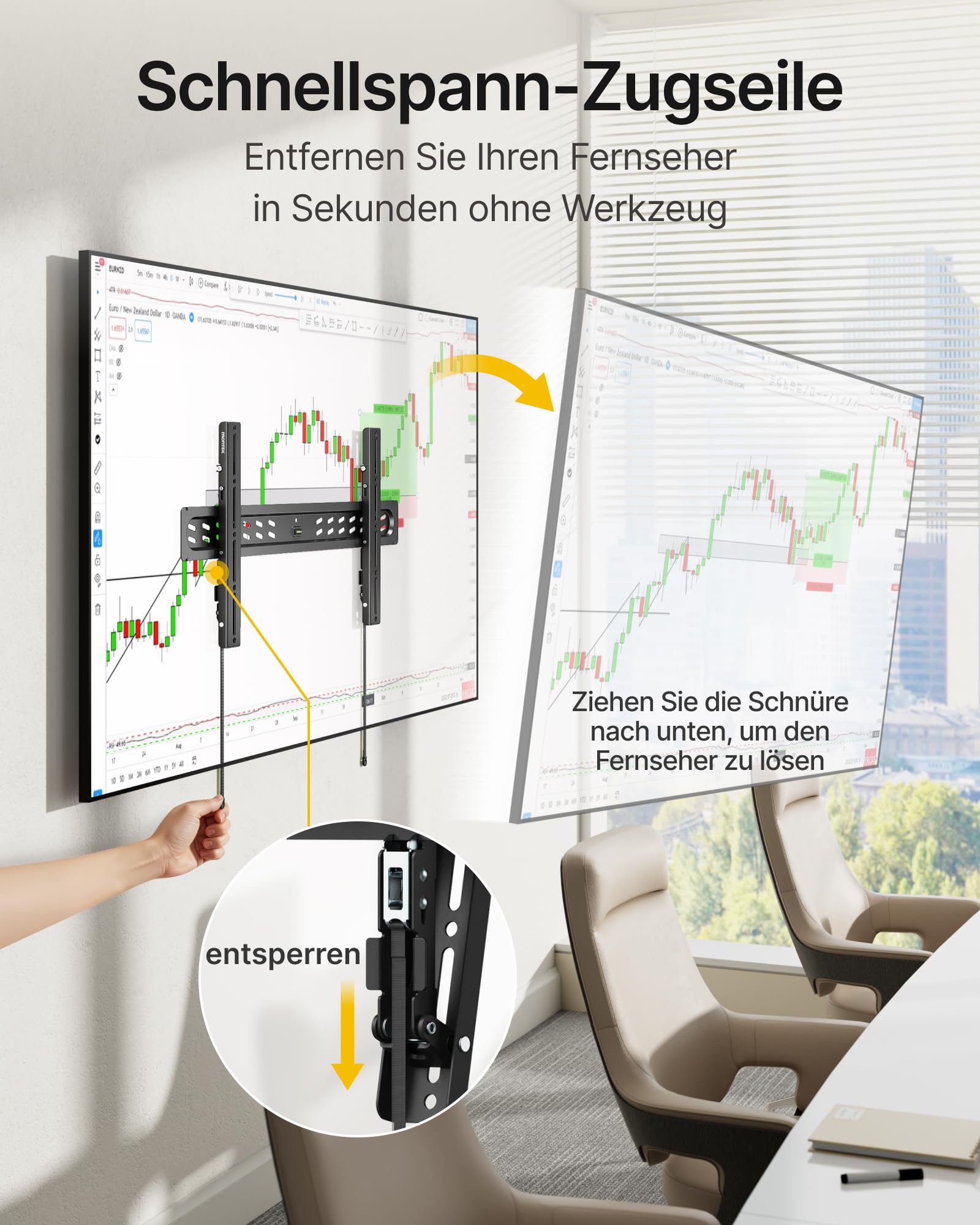 monTEK TV Wandhalterung Ultra Slim für 43–95 Zoll Fernseher | Neigbar, Schwerlast bis 68 kg, Mit Zugband, Max. VESA 800x400 mm, Einfach Anzubringen und Abzunehmen