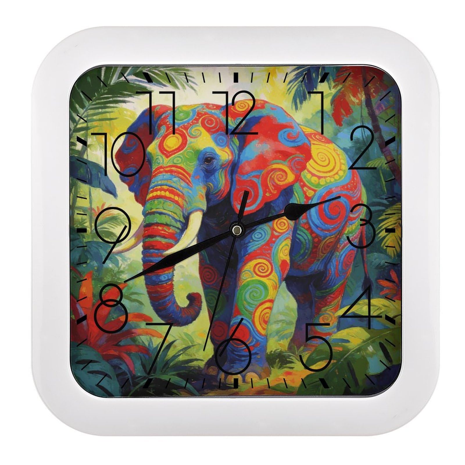 Fodpand Style Colorful Elephant Wall Clock,Battery Operated Modern Retro Rounded Square Clock Clock For Bedroom Living Room Office Home Gym Porch Decor Indoor Outdoor 10.2 * 10.2In