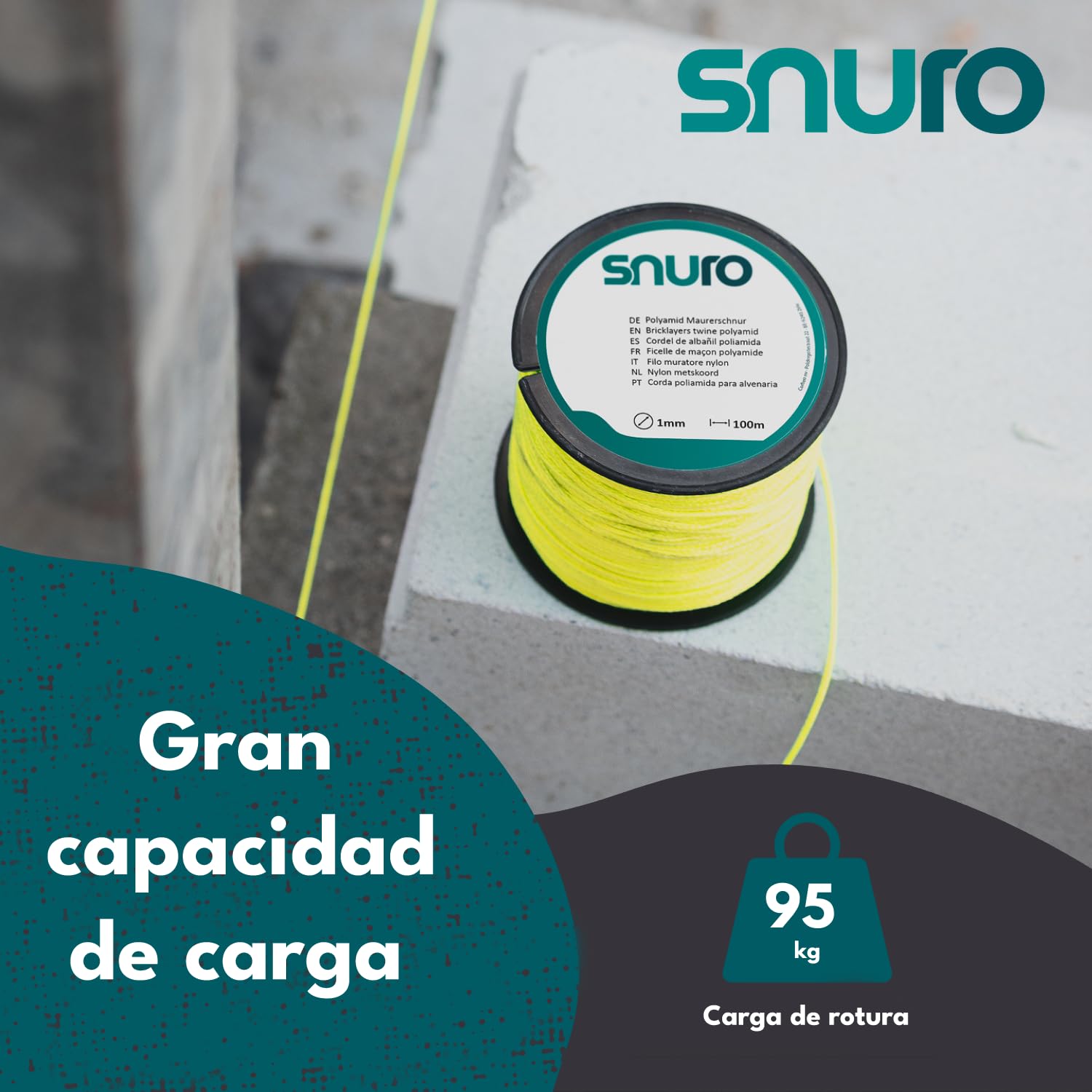 Cuerda de nailon (2 mm, 100 m, amarillo) – Cuerda de albañilería resistente fluorescente para cualquier aplicación – Cuerda resistente a la intemperie ideal para fijar – Fuerza de rotura 95 kg