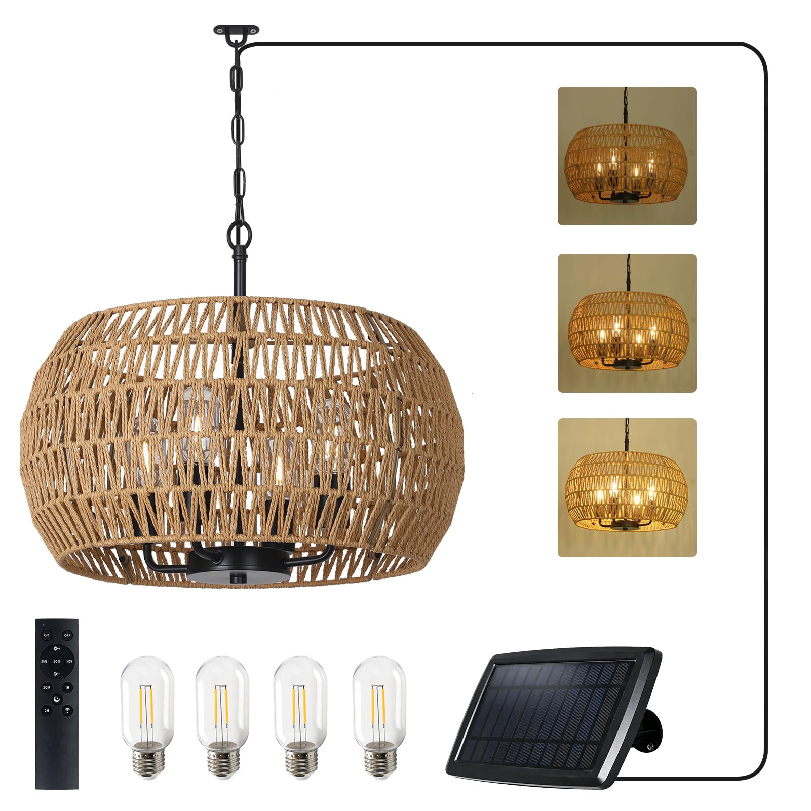 Photo 1 of [DAMAGED] Solar Lights Outdoor Chandelier with Remote & Dimmable LED Bulb, Rattan Solar Powered Outdoor Lights for Patio, Indoor Boho Hanging Pendant Light Fixture, Garden Lights for Porch Gazebo Patio Yard