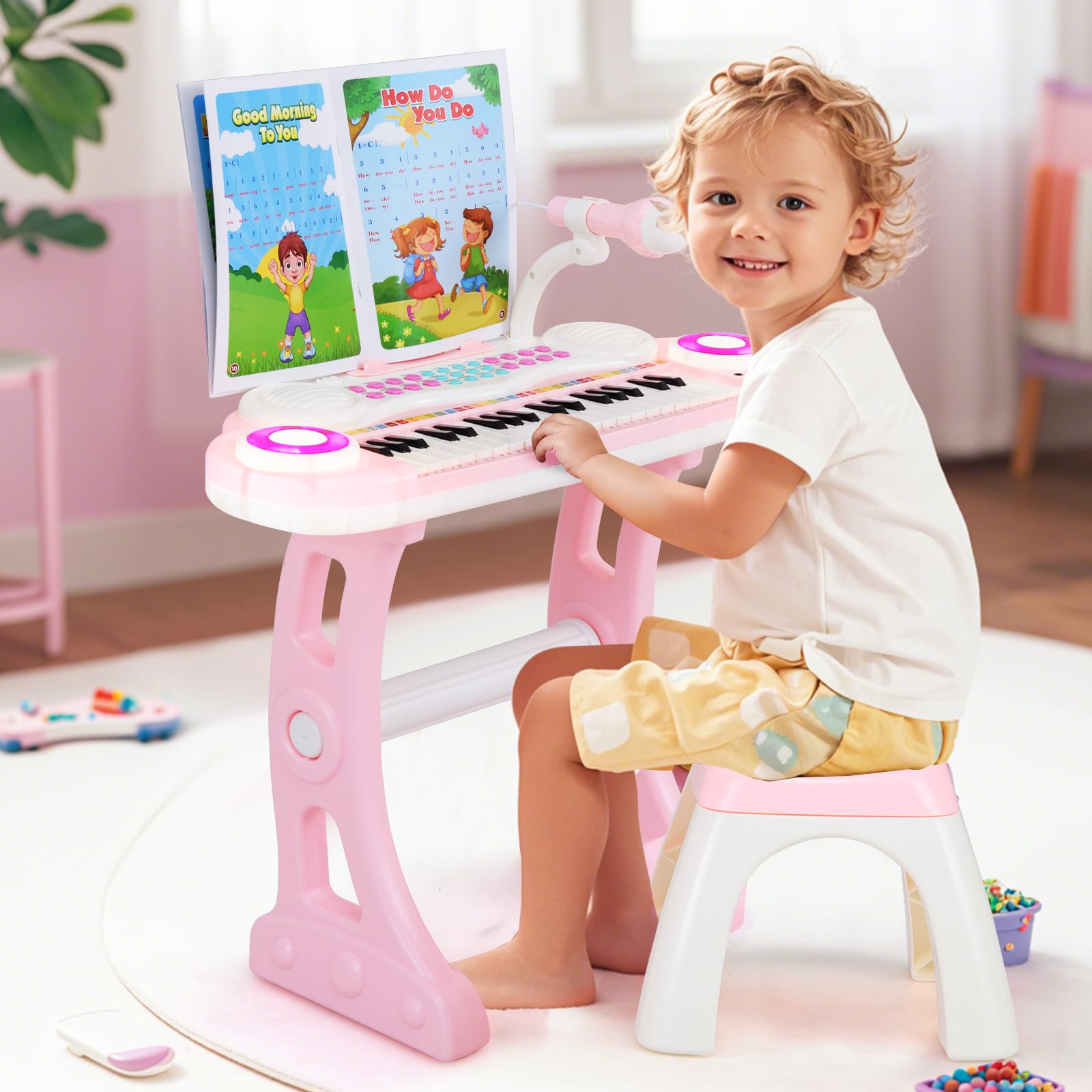 COSTWAY Piano Numérique à 37 Touches Enfants avec Tabouret & Microphone Réglable, Clavier Electronique avec Haut-Parleurs & Lumière, Enregistrement et Lecture, Charge 100kg pour 18 Mois+