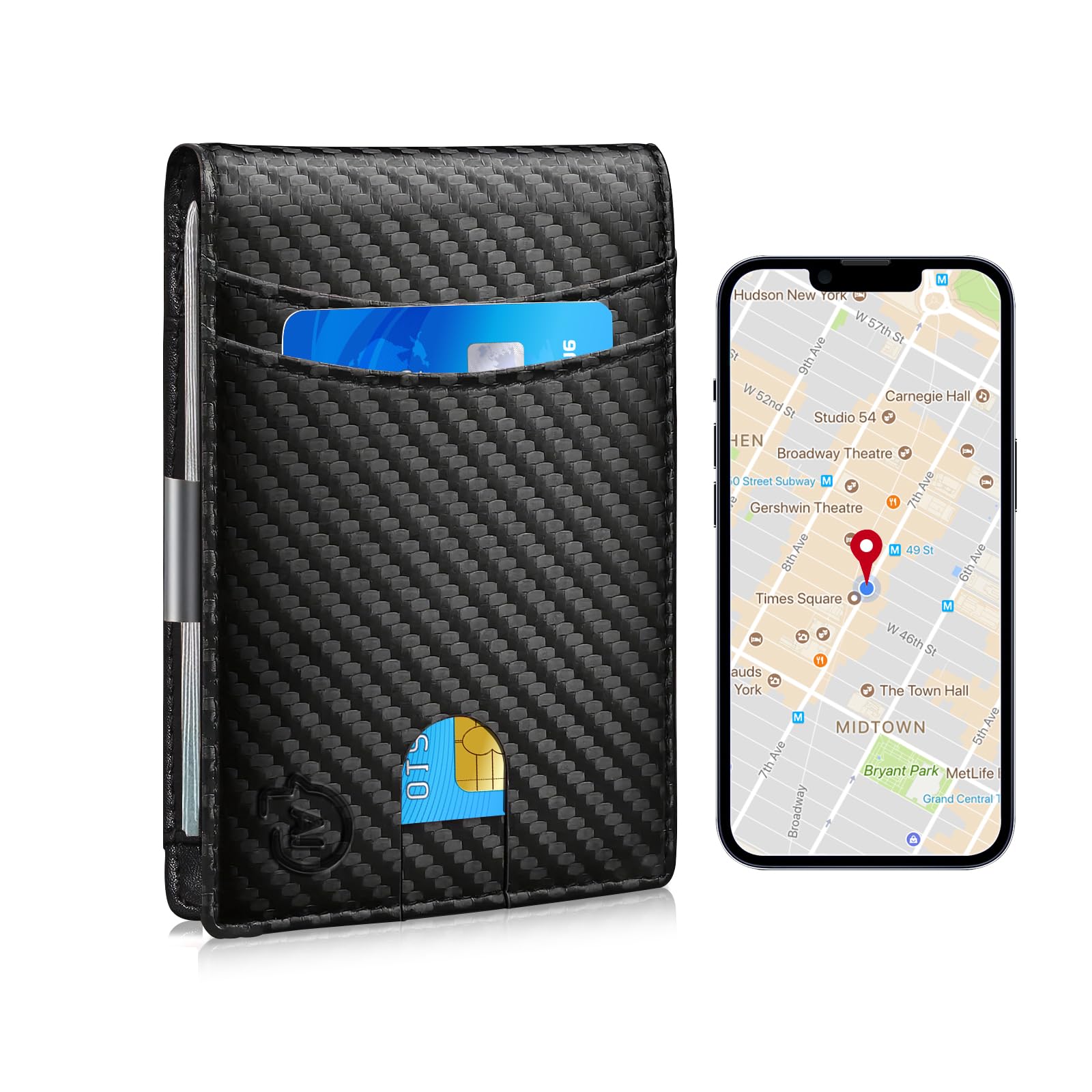 Anti-Lost Trackable Smart Wallet Tracker - Leather Bluetooth Credit Card Holder with Metal Money Clip Minimalist Smart Men's Wallet (Carbon Black & Black)-image-8