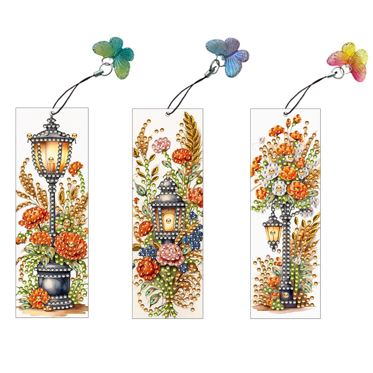 F-CANLAN 3 Pieces Acrylic Flower Diamond Painting Bookmark with Tassels, Candle Lamp Diamond Art Painting Bookmark for Adult, Rose Book Marks Kit