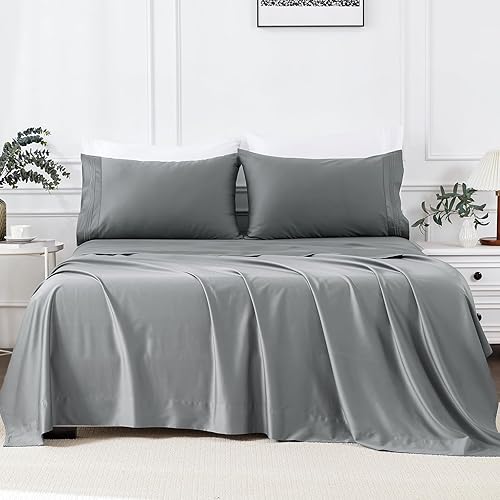 Miniatura 9 de YIYEA Sábanas de tamaño matrimonial, sábanas 100% algodón para cama matrimonial, juego de sábanas de satén de algodón de 800 hilos, bolsillo