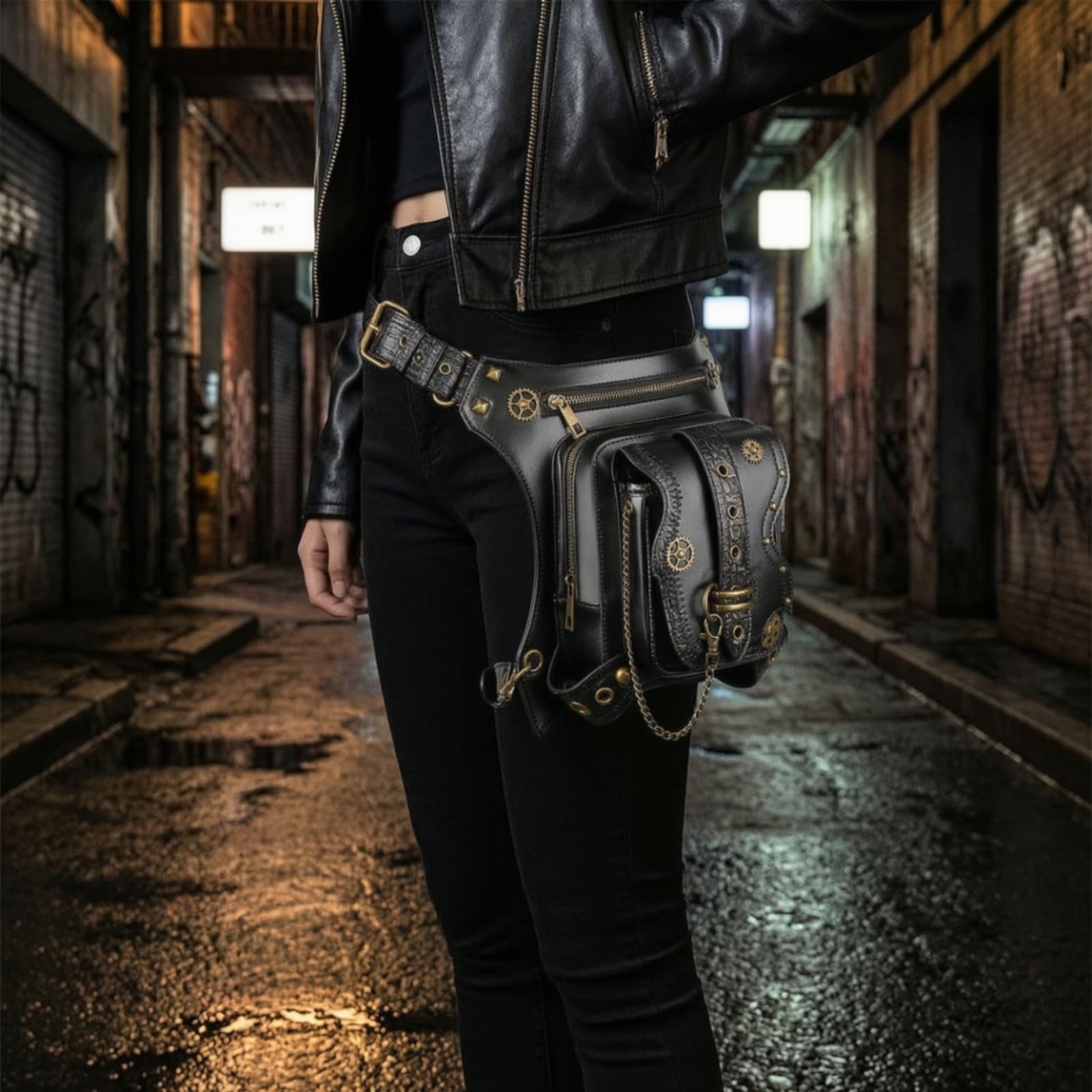 Pochette de Taille Sac Banane Ceinture Structurée avec Chaîne et Rivets Motifs Engrenages Esthétique Steampunk en PU Polyester Adaptée aux Concerts Conventions Cosplay Vie Quotidienne