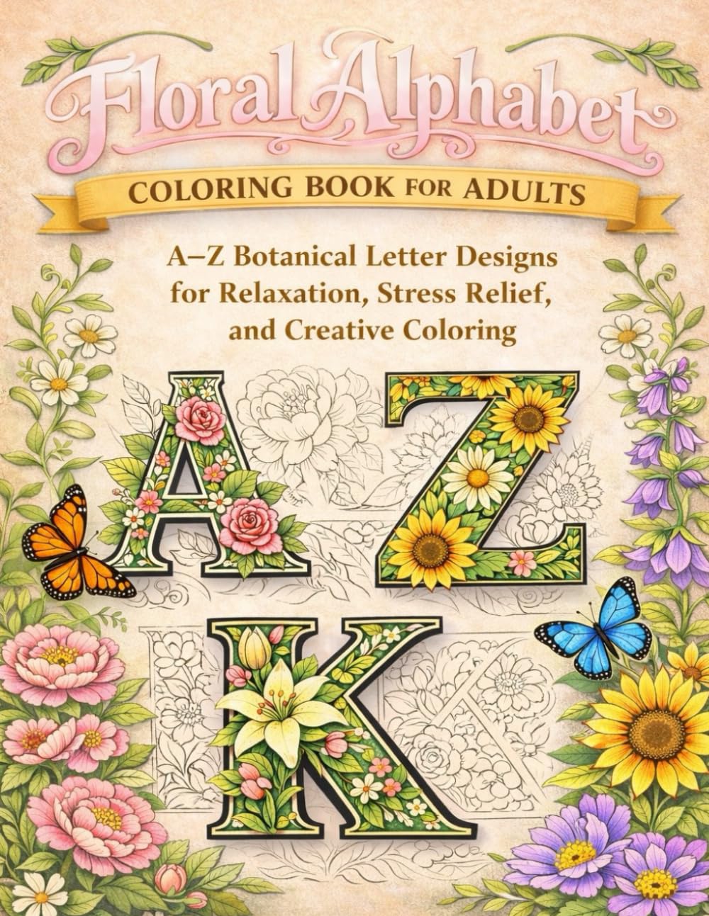 Floral Alphabet Coloring Book for Adults: A–Z Botanical Letter Designs for Relaxation, Stress Relief, and Creative Coloring