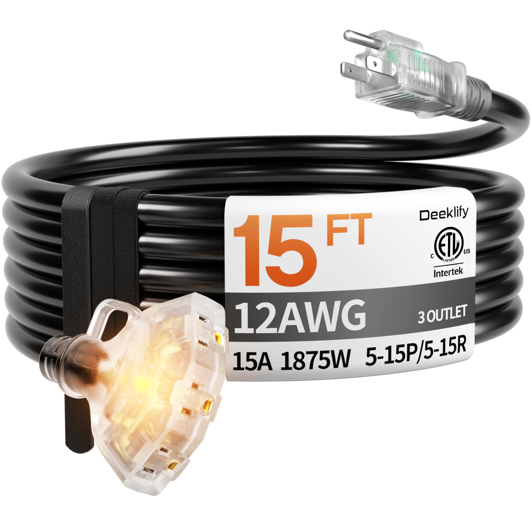 Photo 1 of Deeklify 15 ft 12 Gauge Heavy Duty 3 Outlet Extension Cord Splitter with Indicator, Waterproof Outdoor Extension Cord with Multiple Outlets, 15A 1875W for Home & Workshop, ETL Listed, Black SJTW