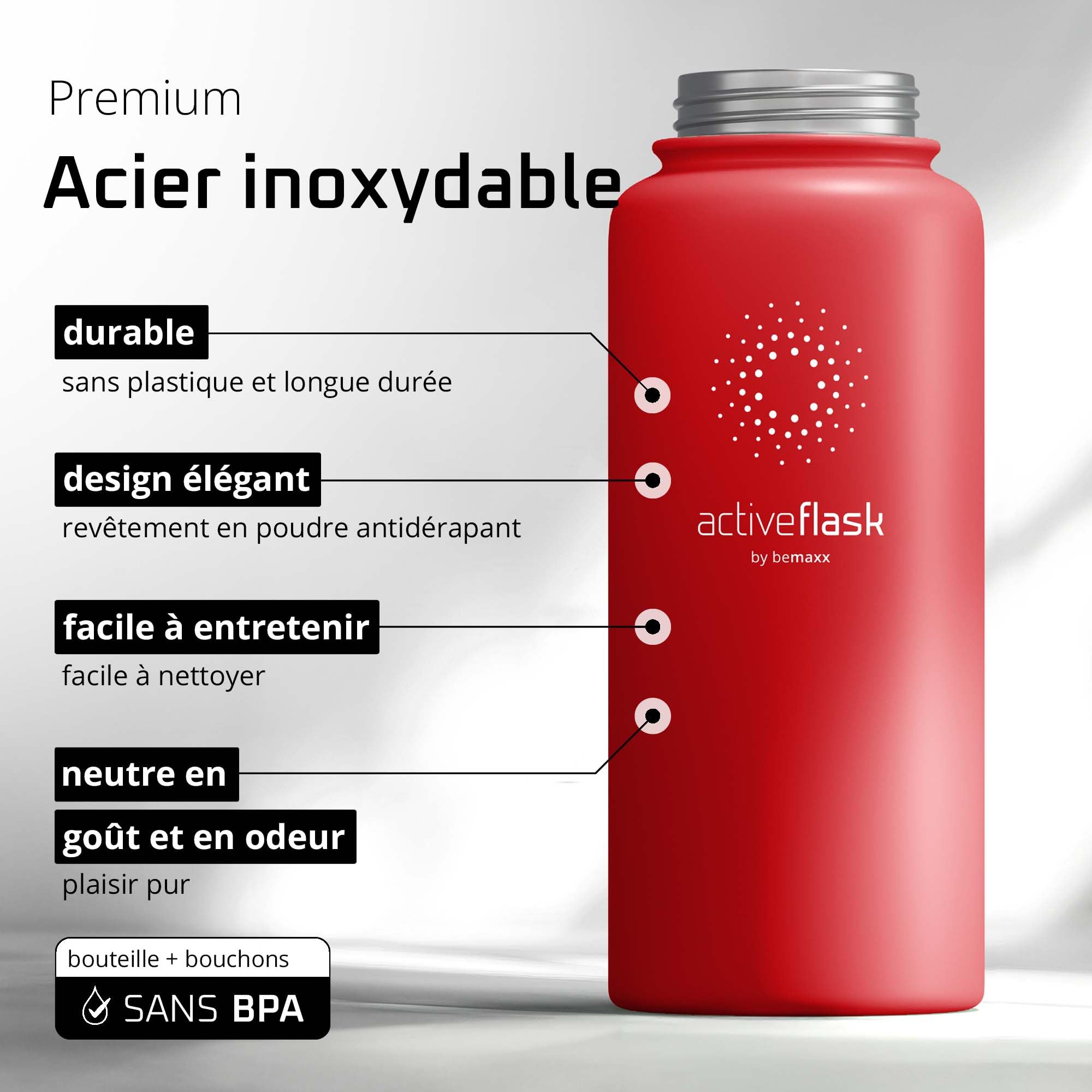 Gourde Isotherme ACTIVE FLASK 1L/500ml - Inox, Sans BPA - 3 Bouchons Dont Paille