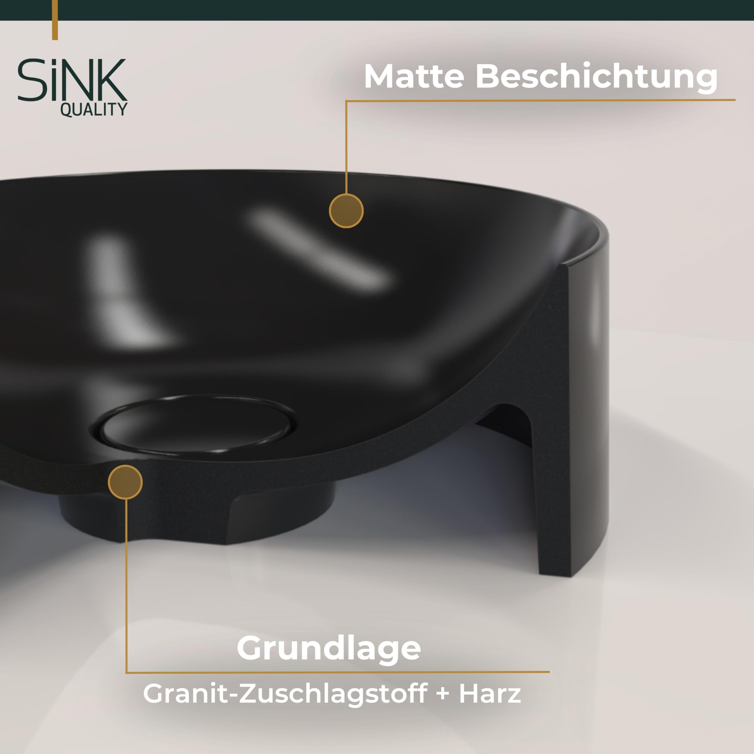 SINK Quality Umywalka nablatowa z otworem armaturowym 45 x 39 cm, czarna matowa – umywalka prostokątna z kompozytu kwarcowego S-QUARTZ, duża umywalka do łazienki, z pokrywą odpływu i zestawem syfonu