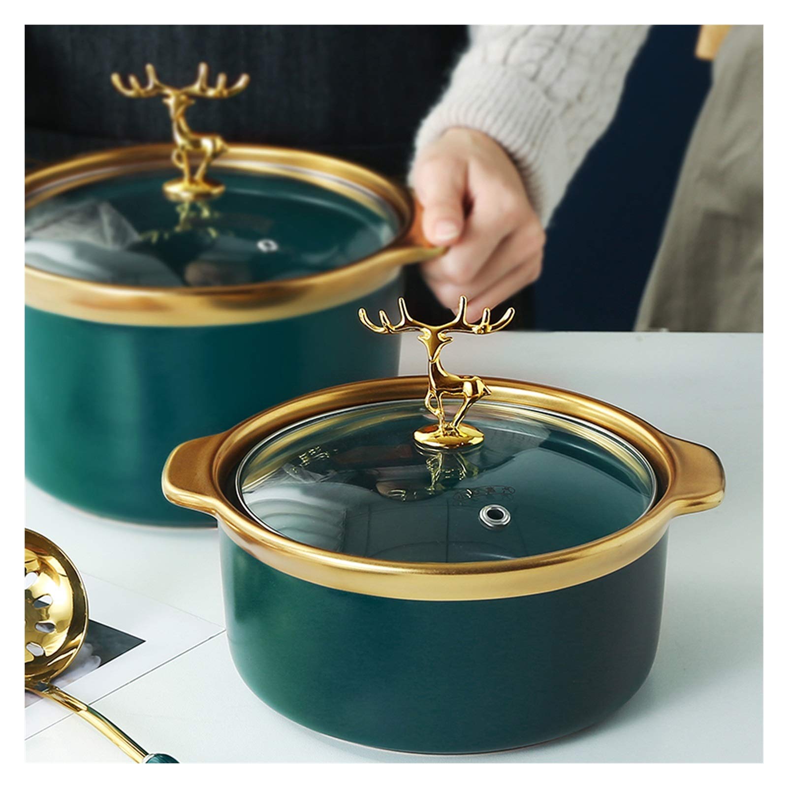 Duży garnek do zupy Ciemnozielony garnek żaroodporny na wysokie temperatury naczynia kuchenne z podwójnym uchwytem i wizualną szklaną pokrywką wielofunkcyjny garnek ceramiczny 2,5 l bulion