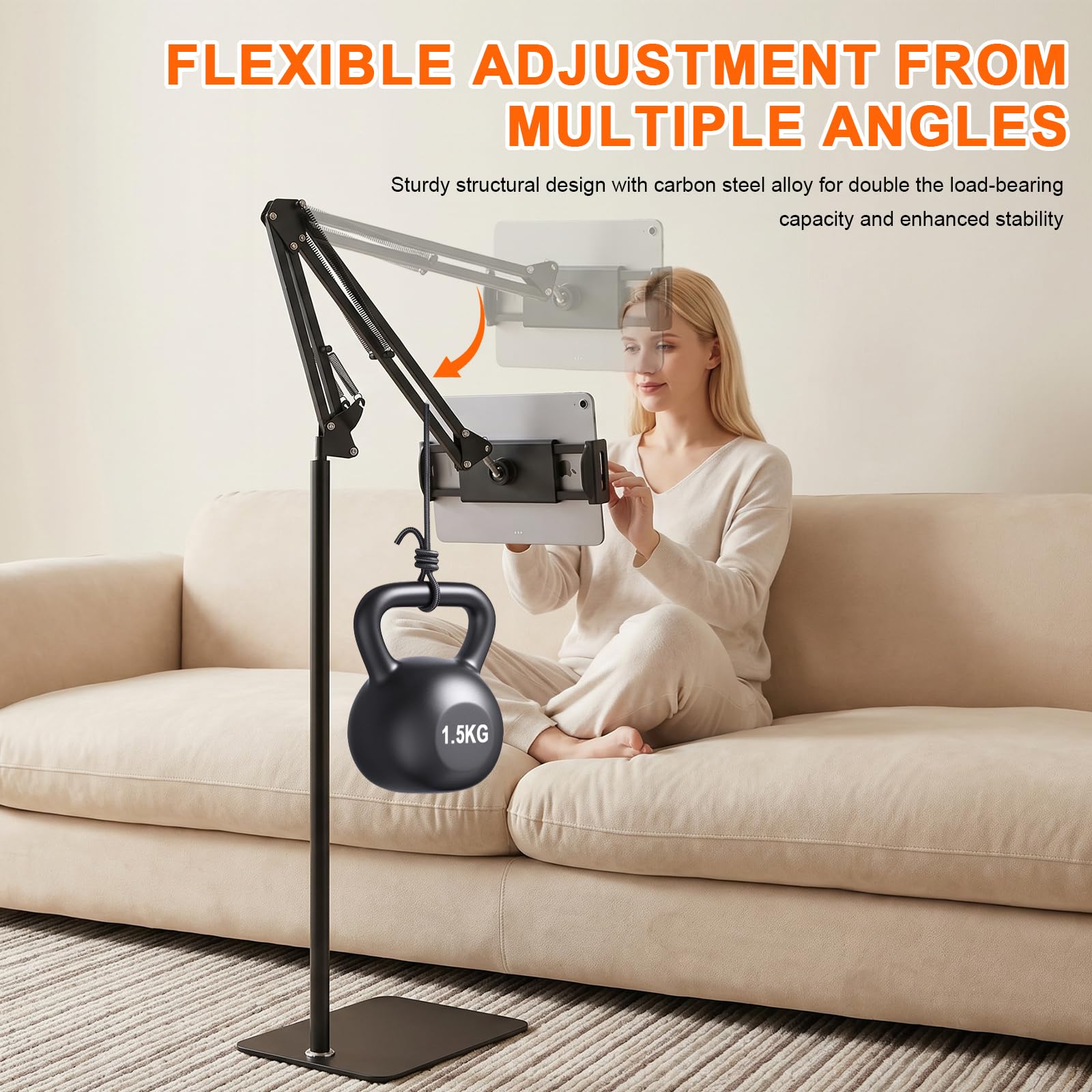 Supporto Tablet da Pavimento, Supporto Tablet da Terra Regolabile, Supporto Tablet da Letto e Divano, Braccio Articolato Regolabile, Rotazione 360°, Morsetto 12–25 cm per Smartphone e Tablet
