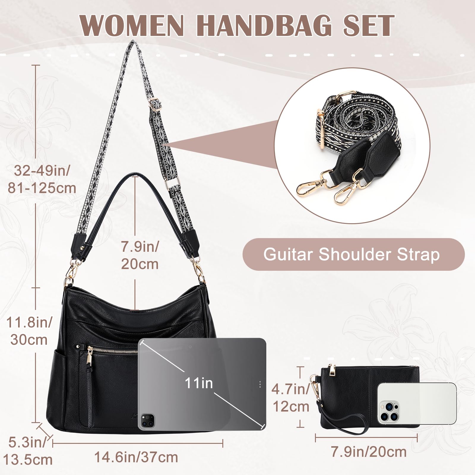 Kasqo Hobo Bags for Women,Medium Vegan Leather Handbag with Wallet Pouch Guitar Strap Crossbody Tote Purse Shoulder Bag Black