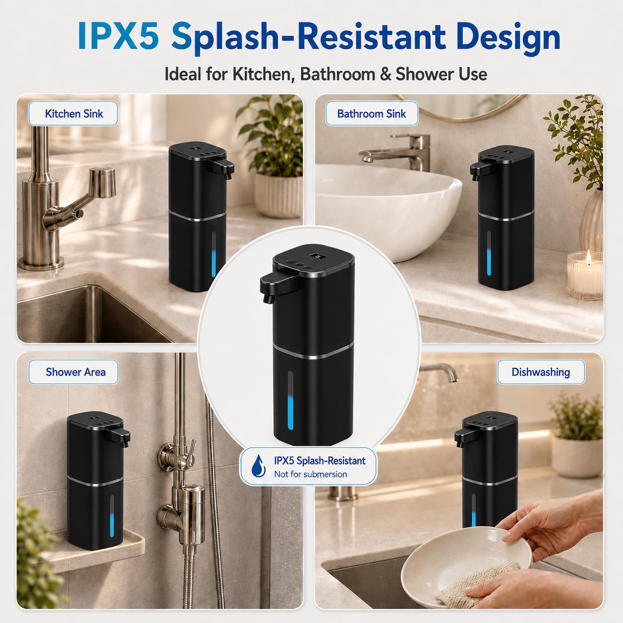 Dispensador automático de jabón líquido, 9 niveles ajustables, 380 ml, dispensador de jabón de manos o jabón para platos, sensor IR y pantalla, montaje en pared o mesa para baño, cocina (negro)