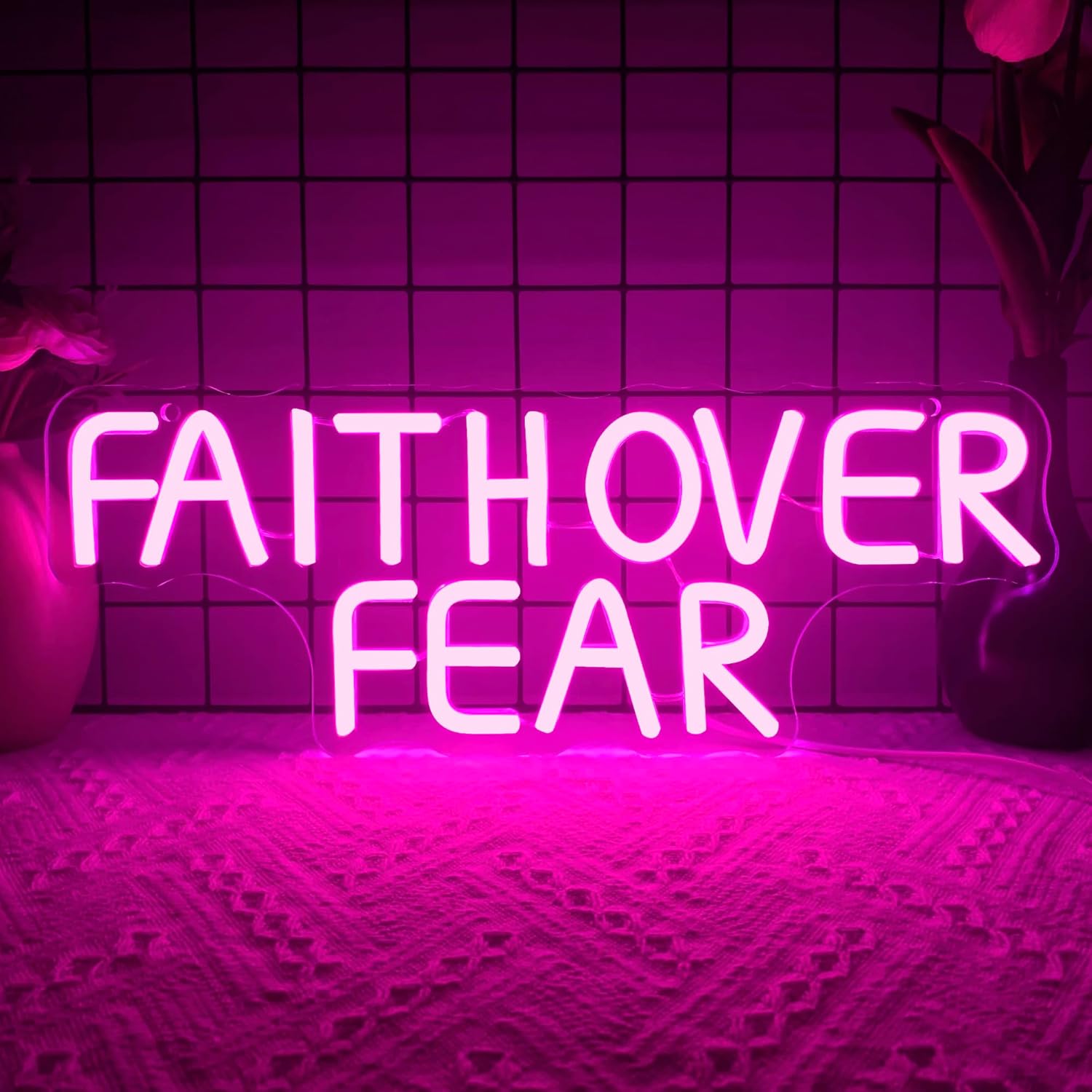 Faith Over Fear Neon Sign for Wall Decor, Dimmable Bible Verse LED Decor God Wall Art, USB Powered for Bedroom, Living Room, Office, Aesthetic Jesus Lover Gifts Pink