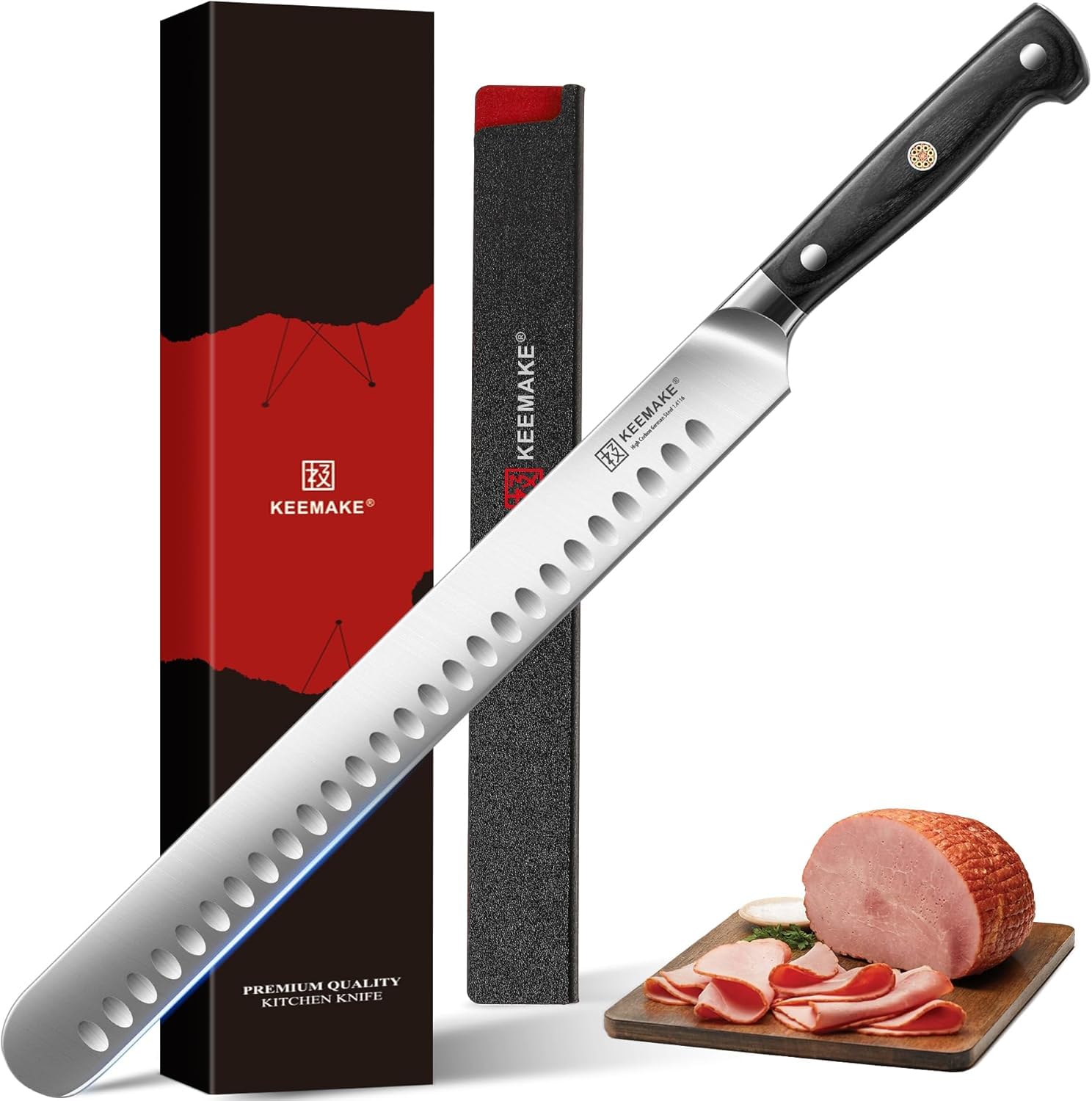 KEEMAKE 12 Inch Brisket Knife - Professional Carving and Slicing Knife, German Steel Meat Slicer with Full Tang Pakkawood Handle & Sheath, BBQ Gifts for Men