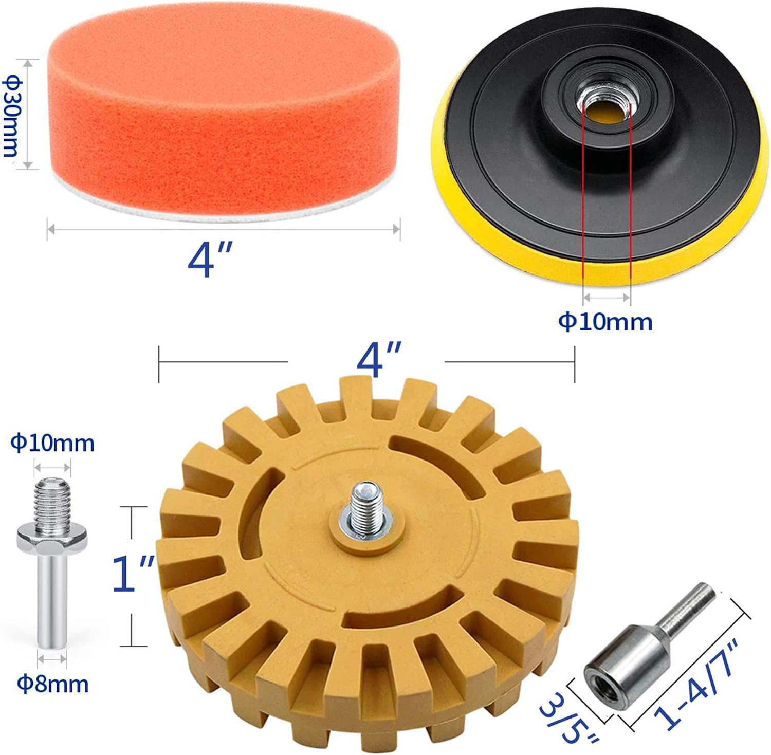 Car Decal Adhesive Removal Tool Kit, 8 Pcs 4 Inch Rubber Eraser Wheel Decal Pinstripe Remover with Polishing Pad, Sticker Remover for Cars, Boat, Bikes, Motorcycles