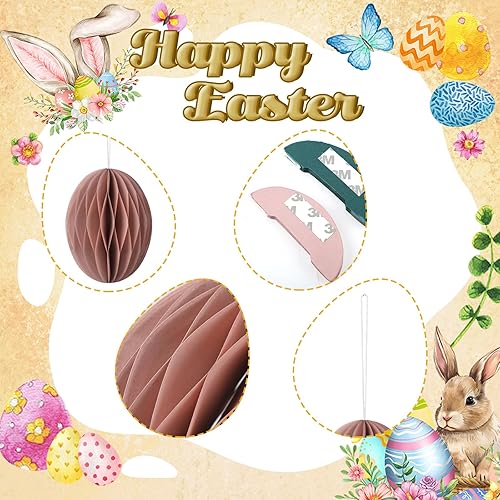 Miniatura 4 de Tenare 24 piezas de adornos de huevos colgantes de Pascua, centros de mesa de panal de abeja 3D, pompones de papel de panal para guirnalda, fiesta