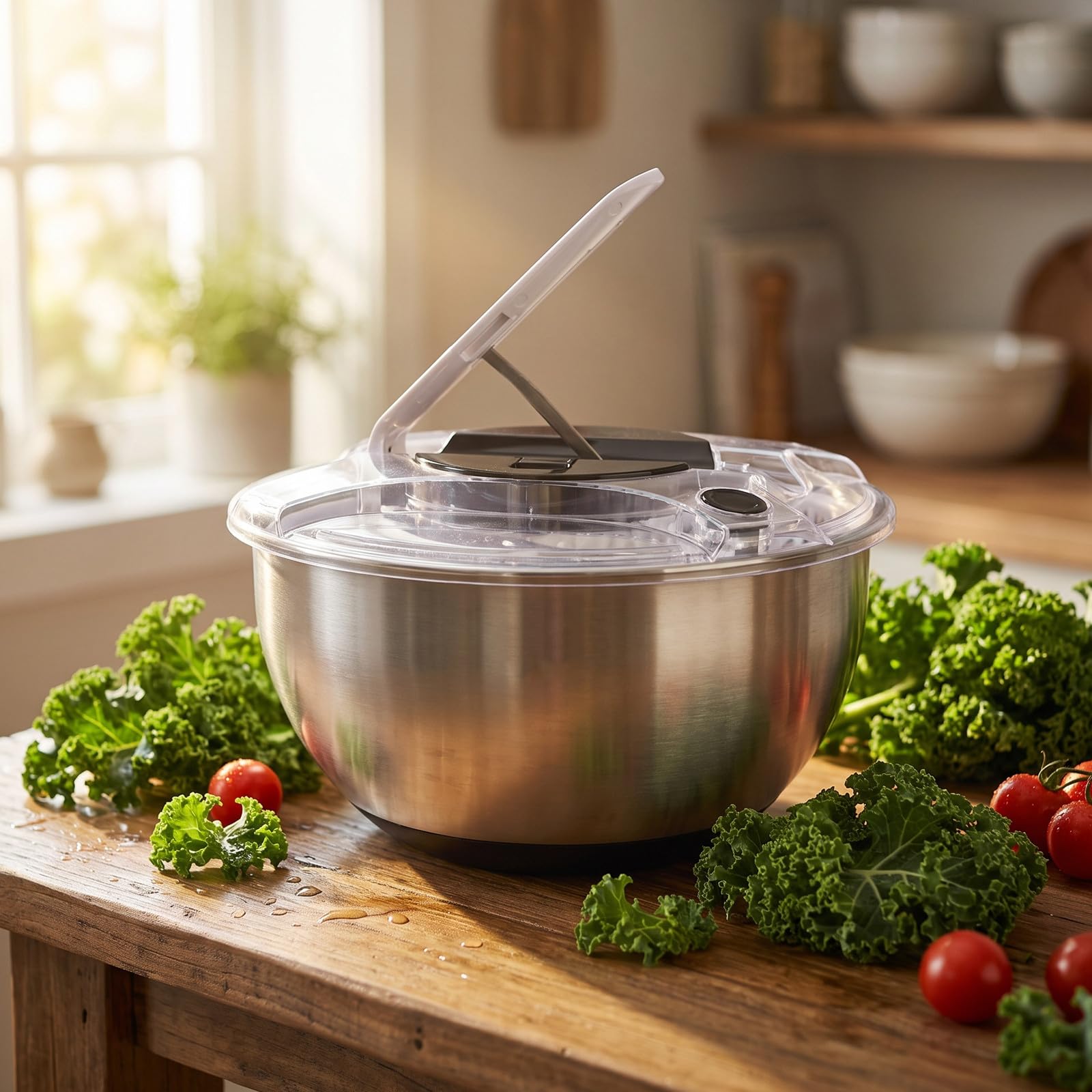 Gatuida Juego de centrifugadora de Ensalada de Acero Inoxidable, Limpiador | Secador de frutas y verduras, bol para servir y cesta coladora para ensaladas y productos frescos, crujientes y limpios,