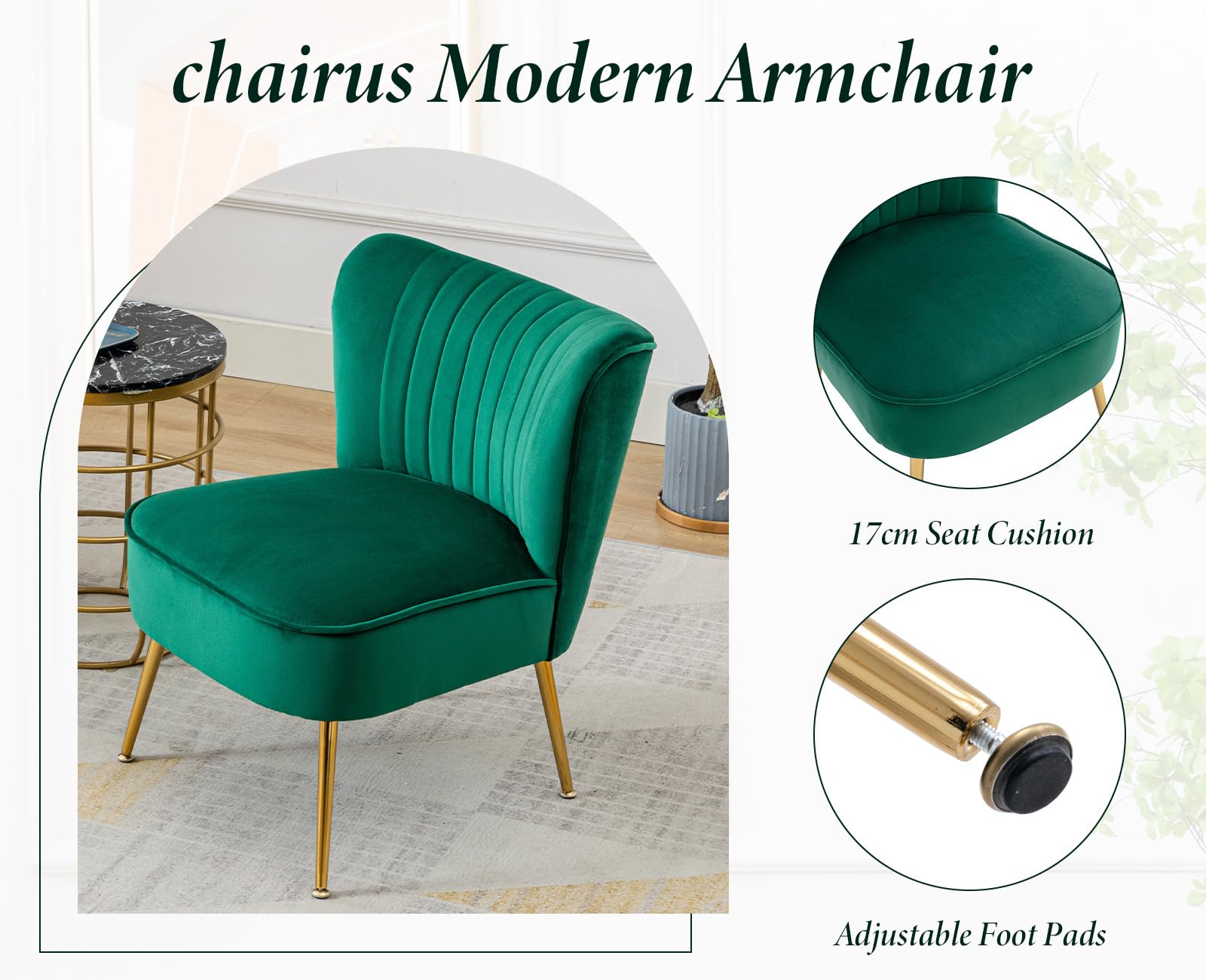 chairus Sessel Wohnzimmer aus Samt, Gepolsterter Relaxsessel mit Metallbeinen Einzelsofa, Akzentstuhl Loungesessel für Schlafzimmer Wohnzimmer Balkon, Grün