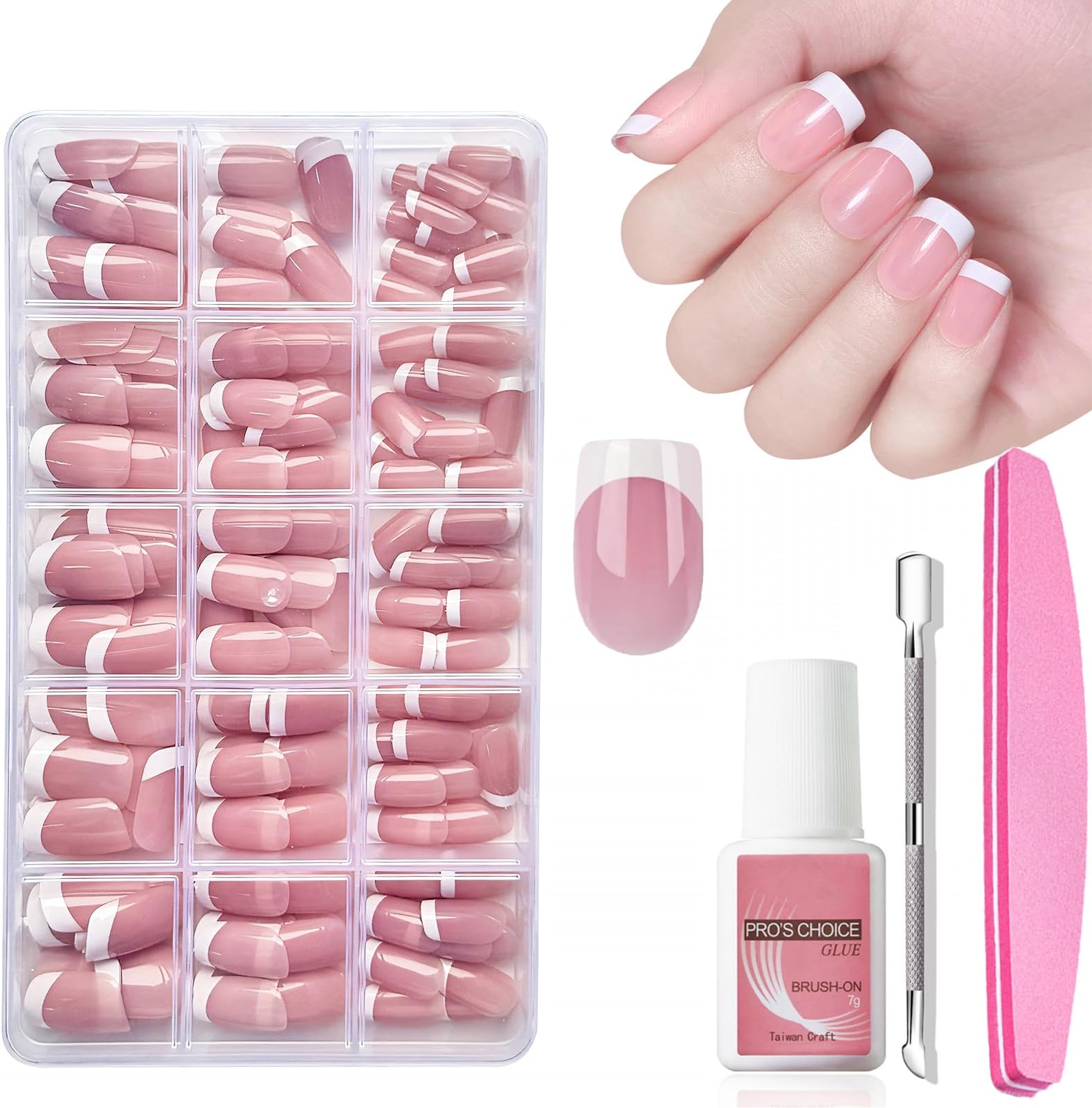 False Nails Kit - Short Press On Nails, 240Pcs French Tip Nails Pink Square - French Nails Fake Nails Short - False Nails With Glue Acrylic Fake Nails 15 Sizes Stick On Nails