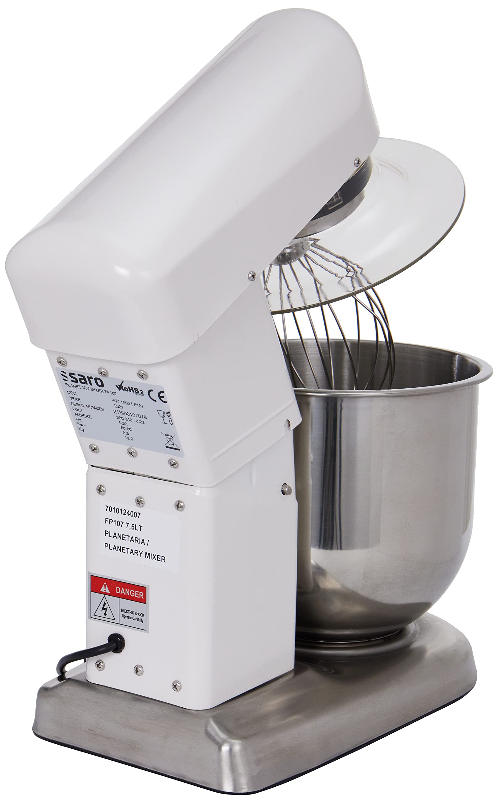 SARO FP 107 Batidora planetaria, incluye gancho amasador, batidor de varillas y batidor plano, recipiente de acero inoxidable, 7,5 l, velocidad continua, 0,5 kW