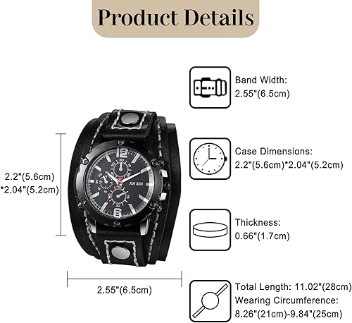 Miniatura 2 de Lancardo Reloj de cuero steampunk para hombre esfera negra correa de cuero multicapa brazalete ancho reloj de cuarzo analógico de tres ojos