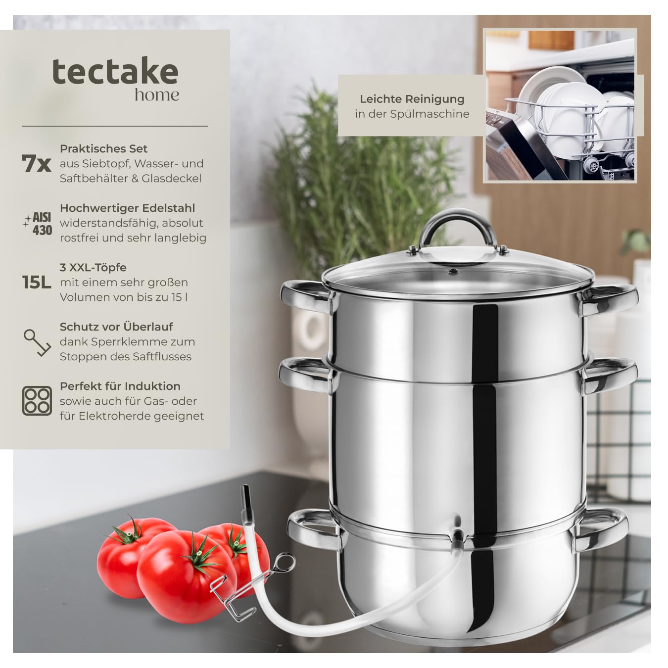 tectake Dampfentsafter 15L Edelstahl, Entsafter, Saftpresse für Obst und Gemüse, induktionsgeeignet, Ø 26cm, Saftmaschine, Juicer Machine mit Glasdeckel und Schlauch, Spülmaschinengeeignet - silber