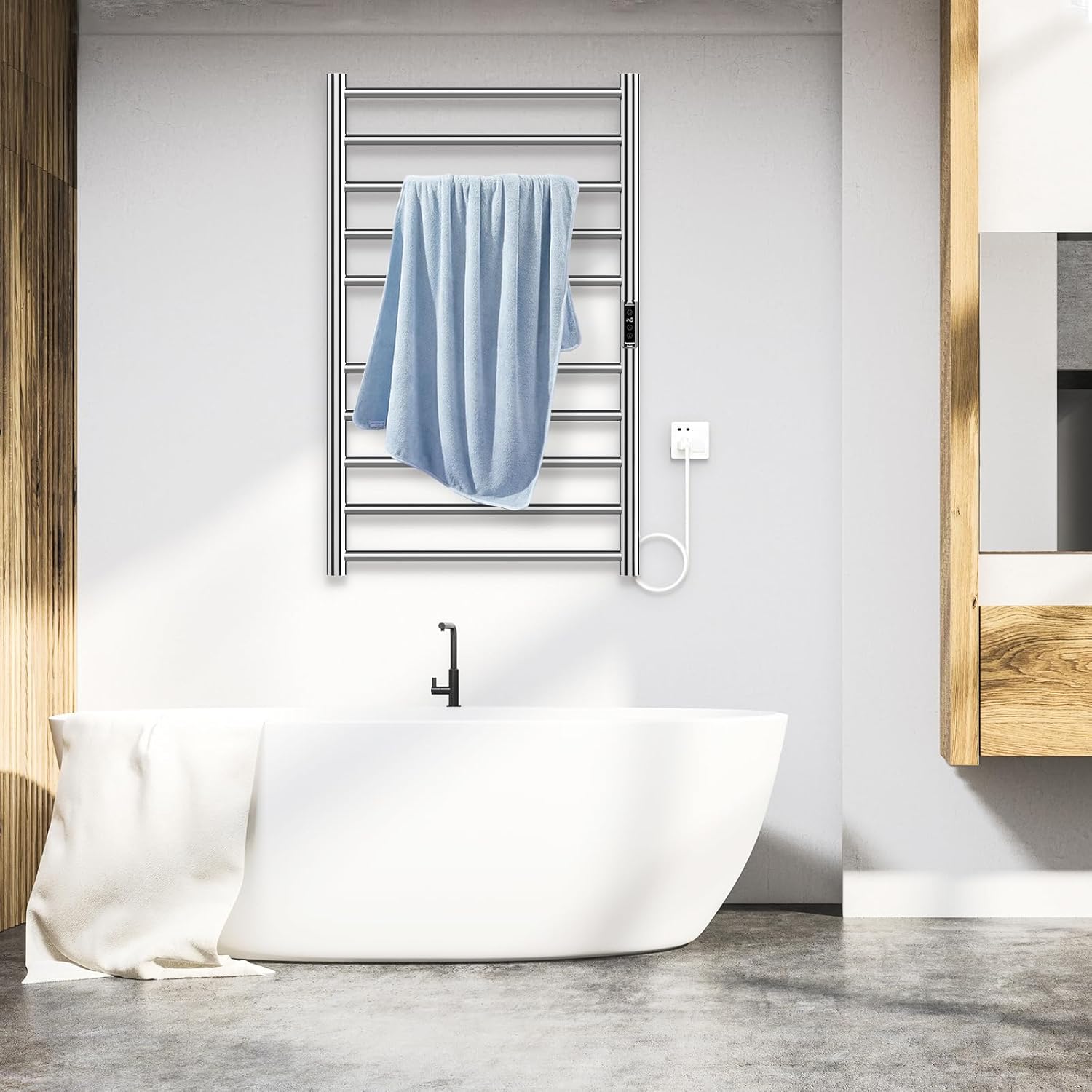 Heated Towel Racks for Bathroom, 10Bar Electric Towel Warmer Rack with 2 Hooks, Wall-Mounted, Built-in Timer & Adjustable Temperature, Plug-in/Hardwired, for Home, Salon, Spa（Silver）