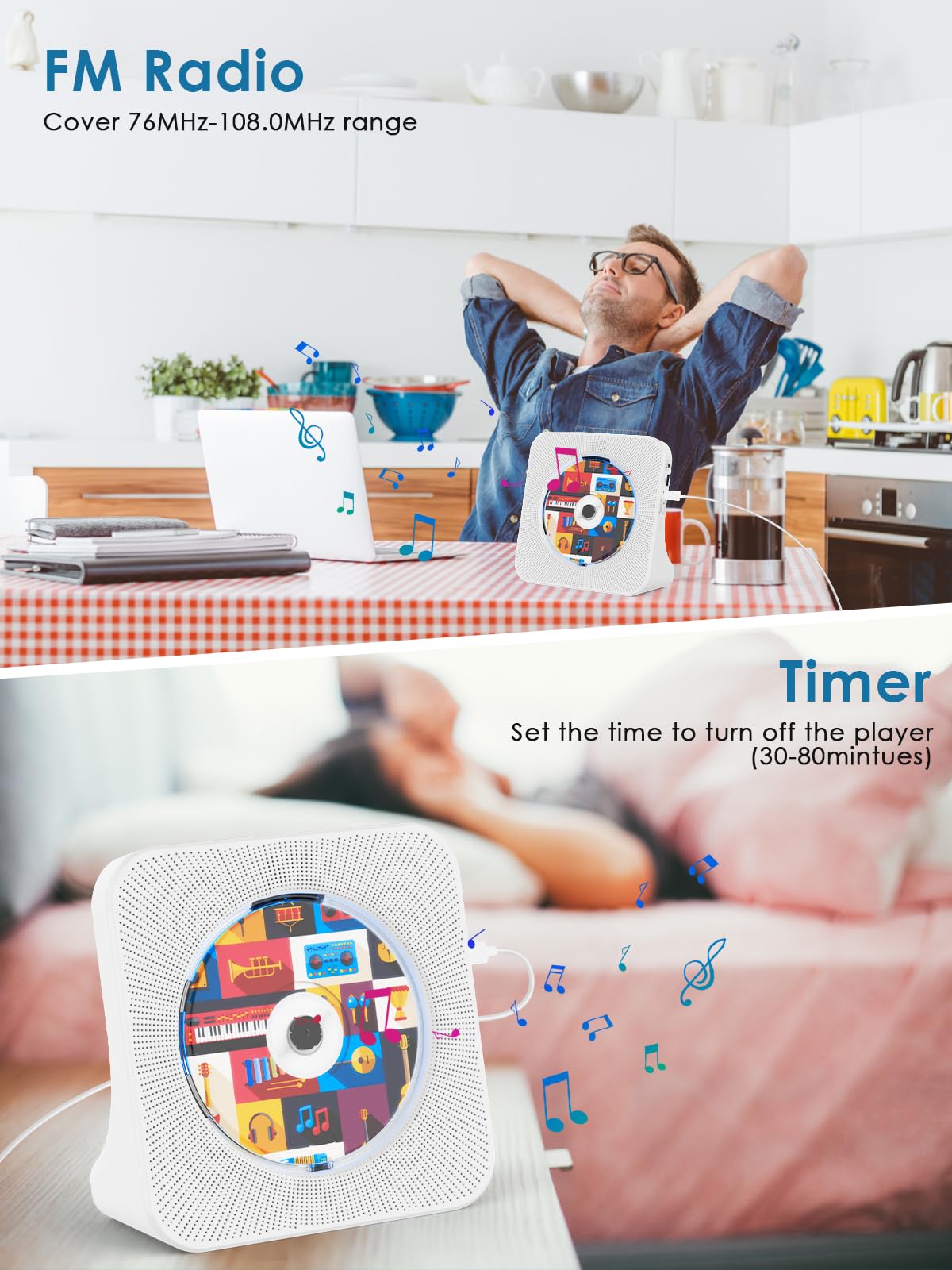 Gueray CD Player Bluetooth CD-Player mit Lautsprecher Unterstützt Fernbedienung Anzeige FM Radio mit CD Players USB- Kartenwiedergabe 3,5 mm AUX Wecker Kopfhöreranschluss Staubschutzhülle