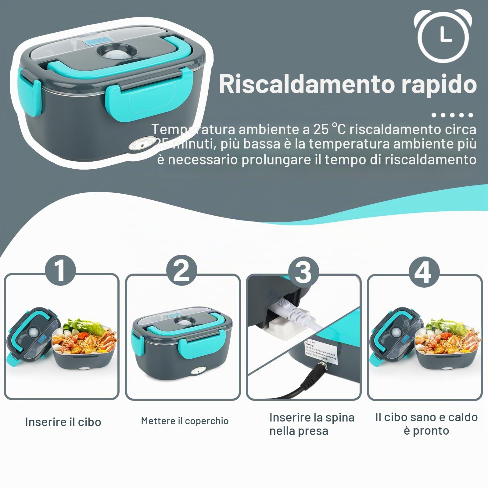 VMUTGA Scaldavivande Elettrico Portatile 60W 1,5L Porta Pranzo Riscaldabile 12V/24V/220V~240V Lunch Box Termico per Auto Camion e Ufficio