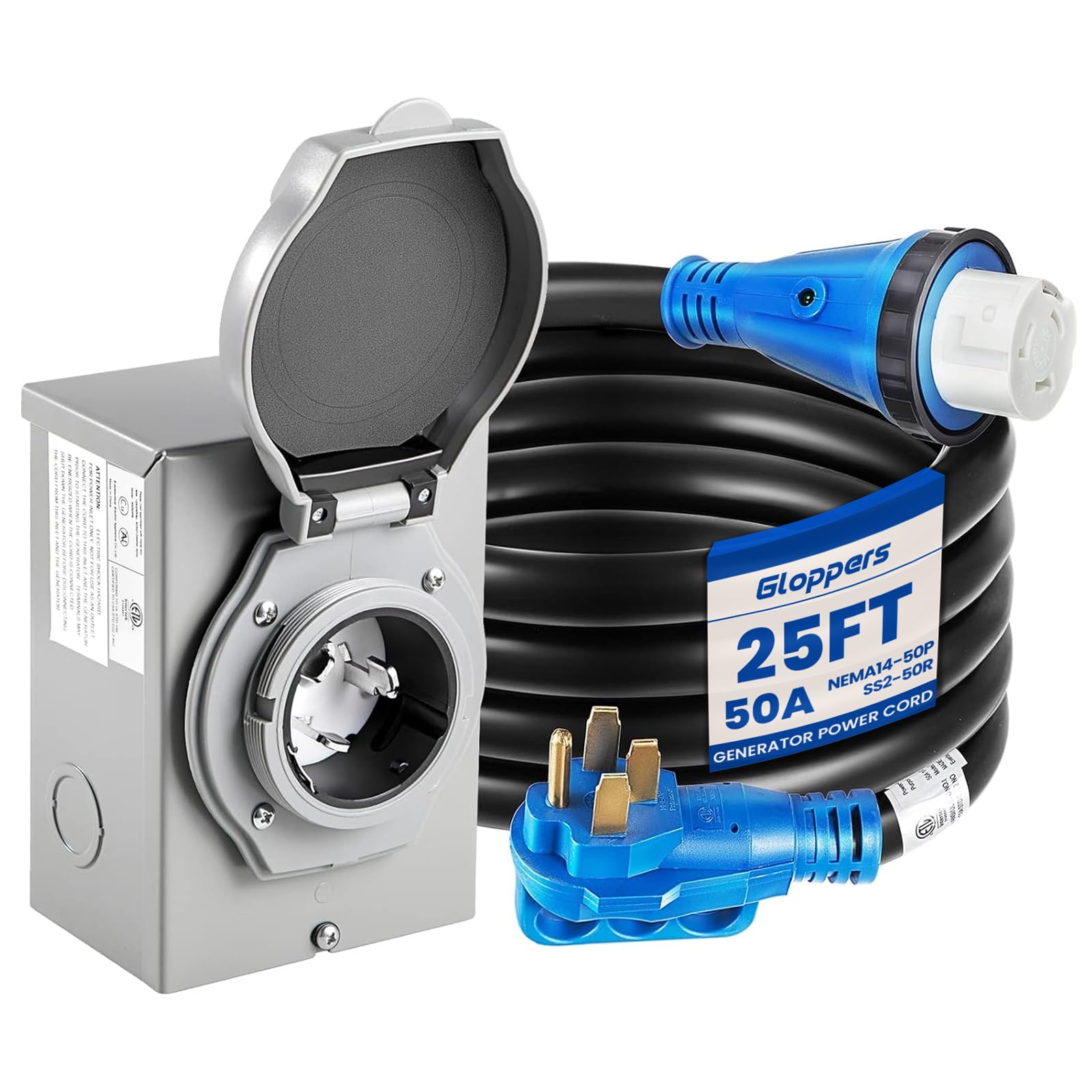 Gloppers 25ft 50 Amp Generator Cord and Inlet Box