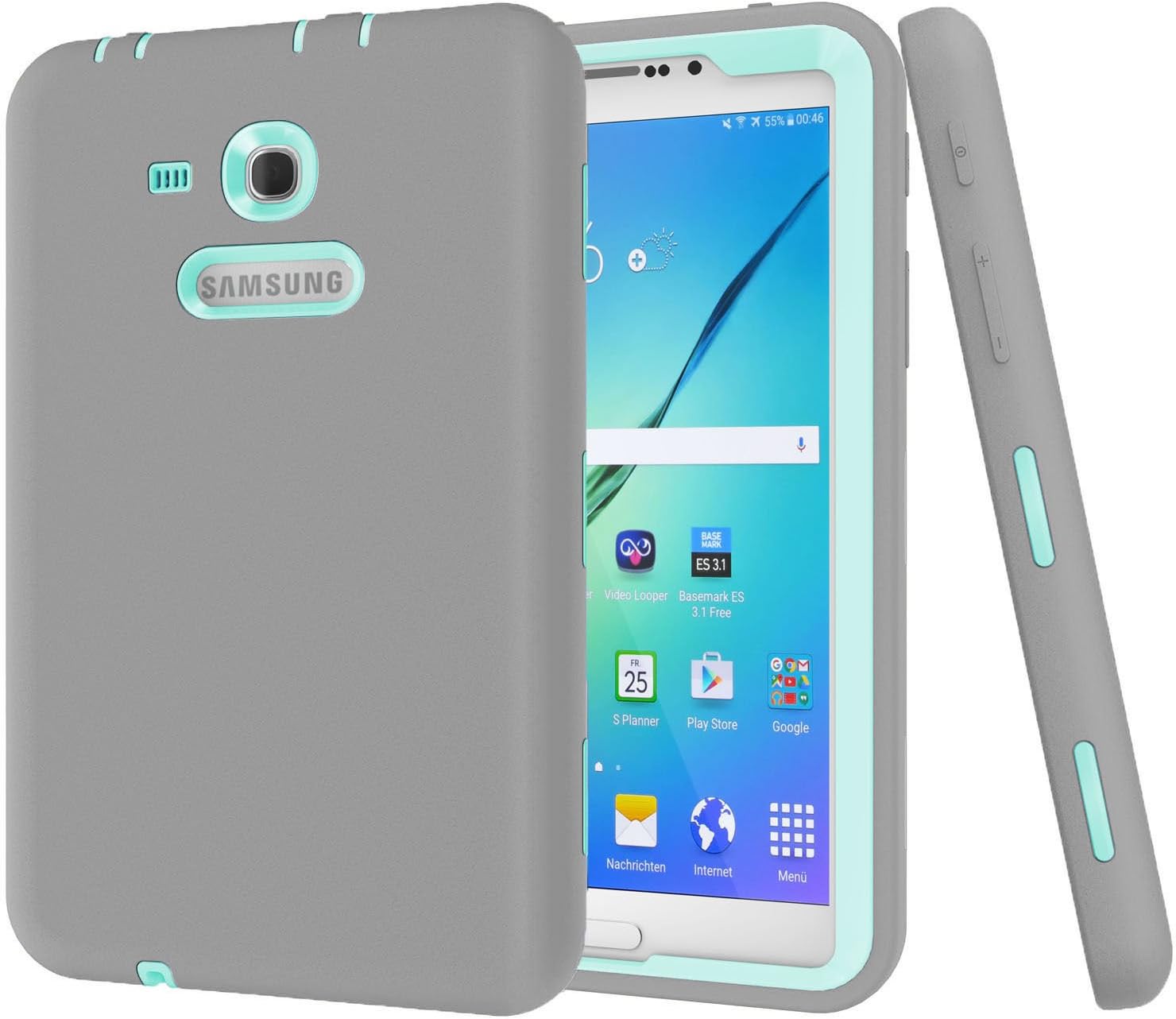 Ycxbox Samsung Galaxy Tab E Lite 7.0" Case, Galaxy Tab 3 Lite 7.0 Case,Rugged Heavy Duty Kids Proof Protective Case for SM-T110 / SM-T111 / SM-T113 / SM-T116 (Gray+Mint)