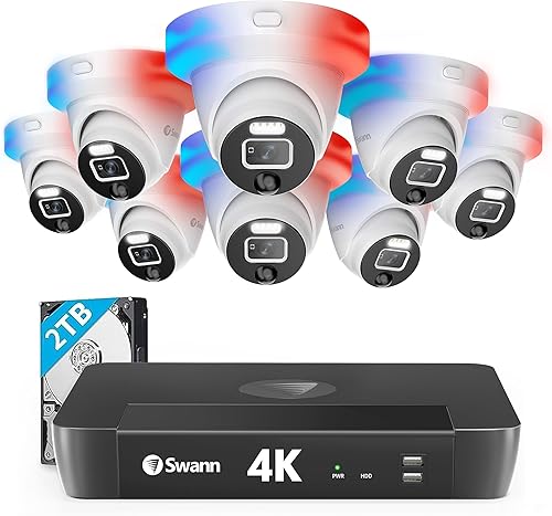 SWANN Pro 4K, sistema de cámara de seguridad para el hogar de 8 canales, NVR de 2 TB, 8 cámaras IP Dome PoE al aire libre, CCTV de vigilancia con