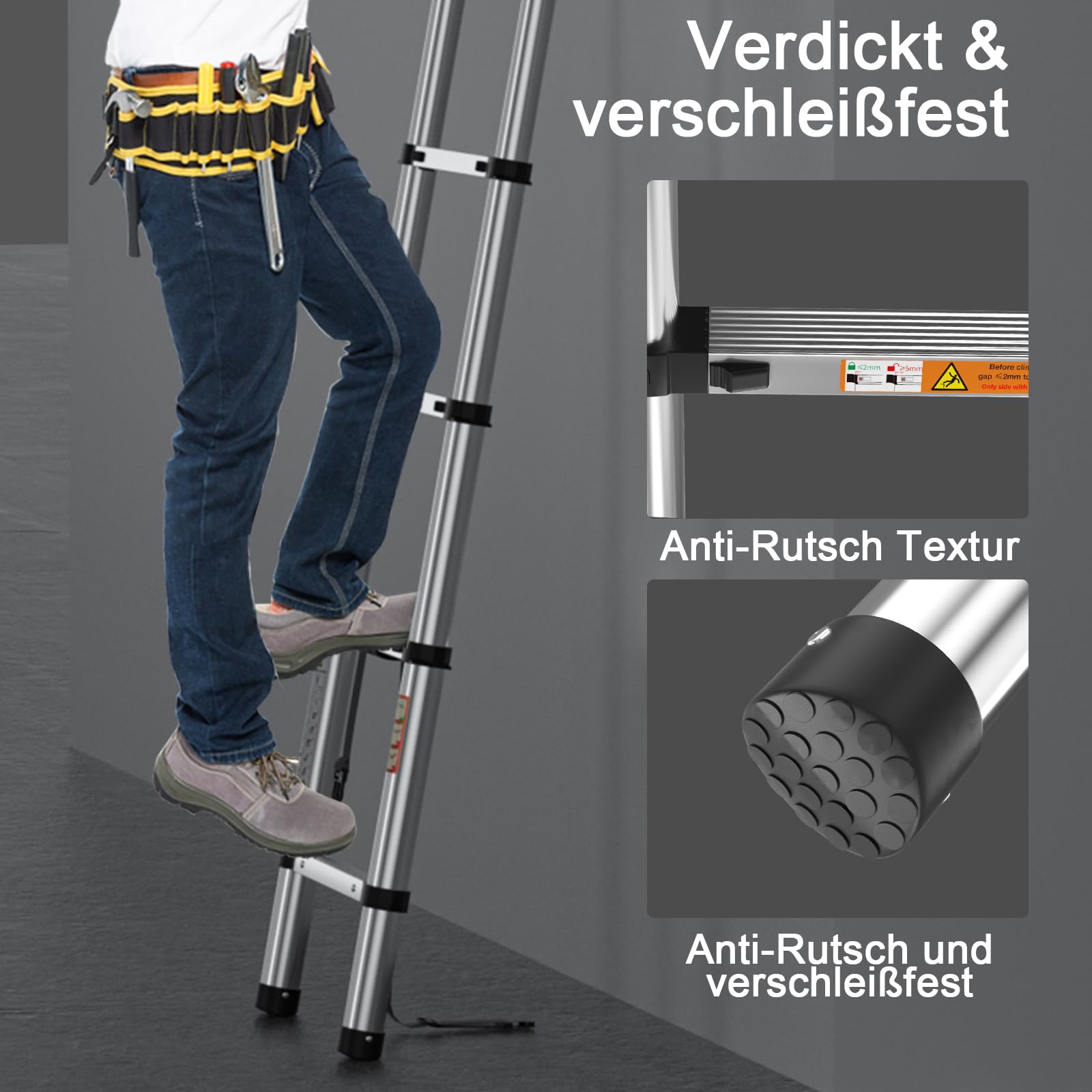Ausziehbare Teleskopleiter 2.6M(8.5 FT),Faltbare Mehrzweck-Ausziehleiter mit maximaler Belastung von 150kg (330LBS),Hochbelastbare gerade kompakte Leiter für Haus, Außen, BAU