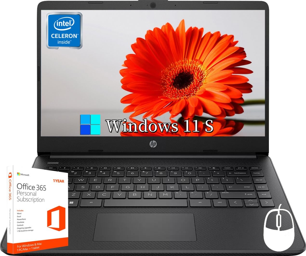 HP 14 inch Laptops, Intel Celeron N4120, 16GB RAM, 384GB Storage(128GB eMMC+256GB Micro SD), with 1-Year Office 365 & Windows 11 S, Long Battery Life, Wi-Fi, MicroSD, HDMI, Black, w/Accessories