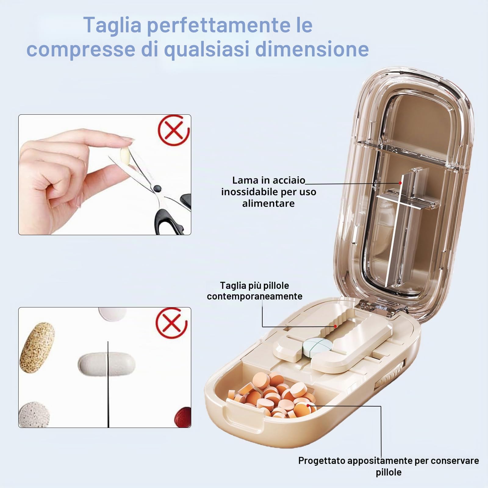 Taglia Pillole, Tagliapillole 1 su 4 per Compresse Piccole o Grandi, Taglia Pillole di Precisione per Dimezzamento, Taglio e Conservazione (Beige 1/4)